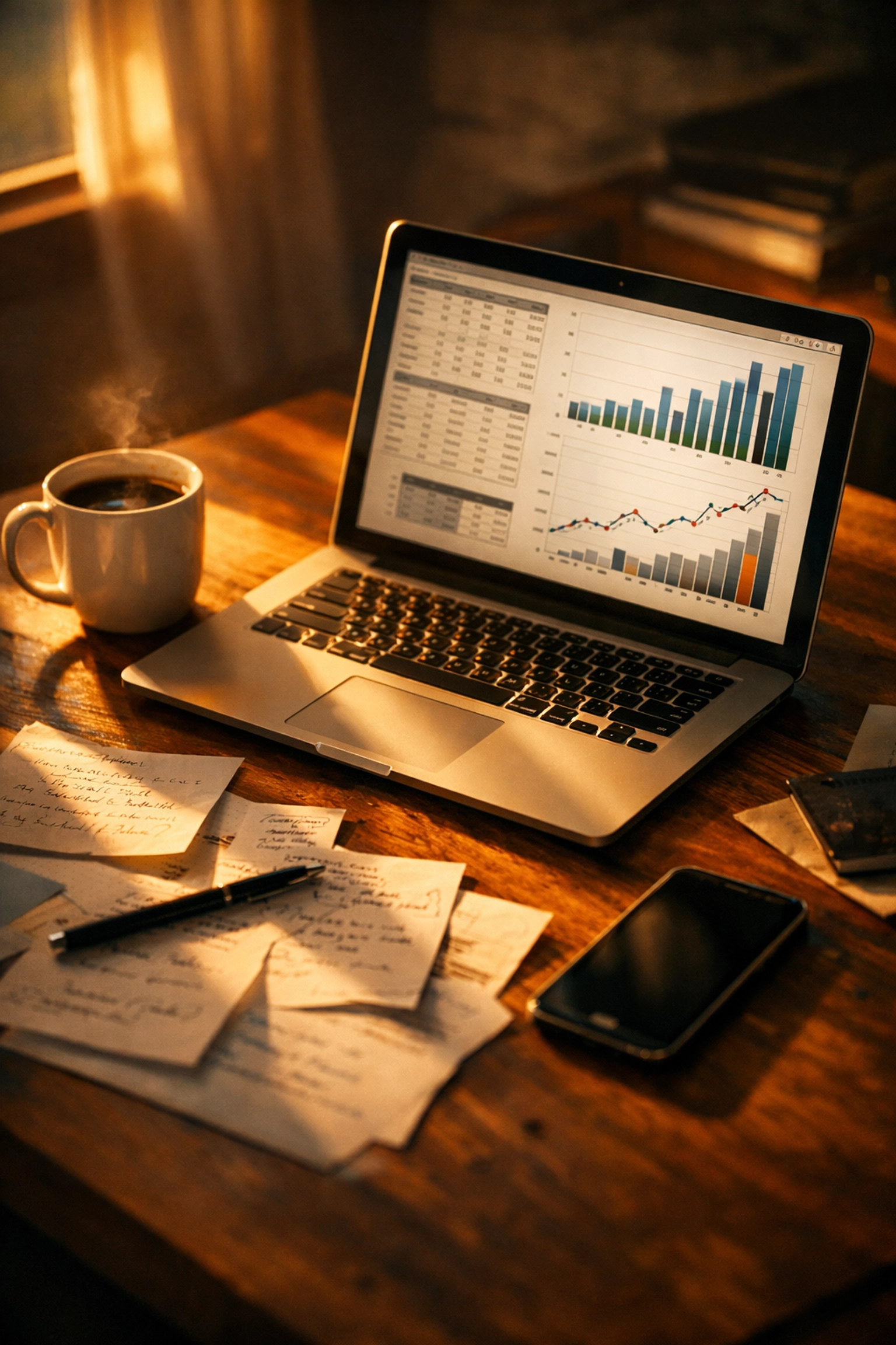 Entrepreneur workspace with laptop showing financial planning and cash flow strategy