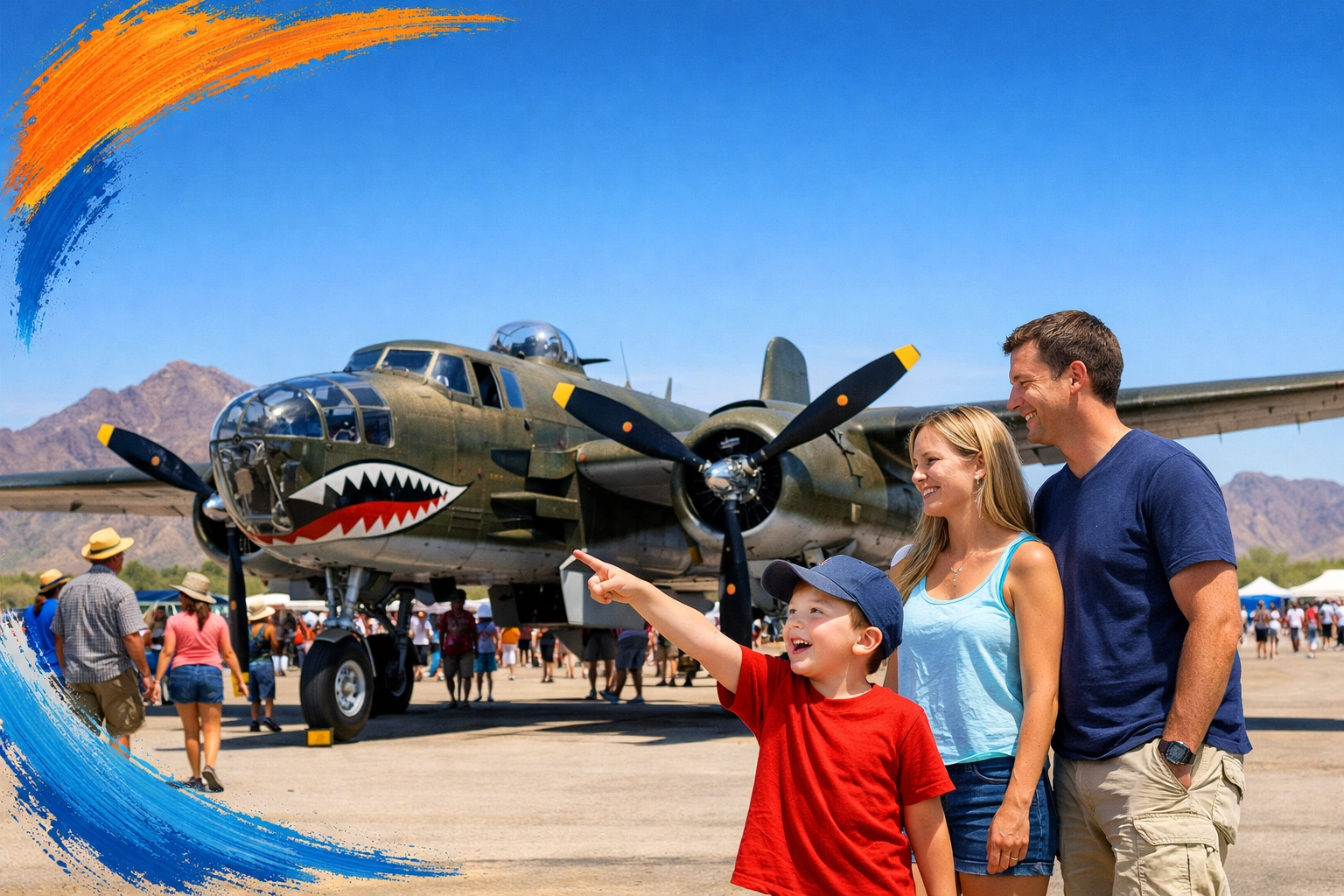 Families exploring vintage military aircraft at Buckeye Air Fair February 2026