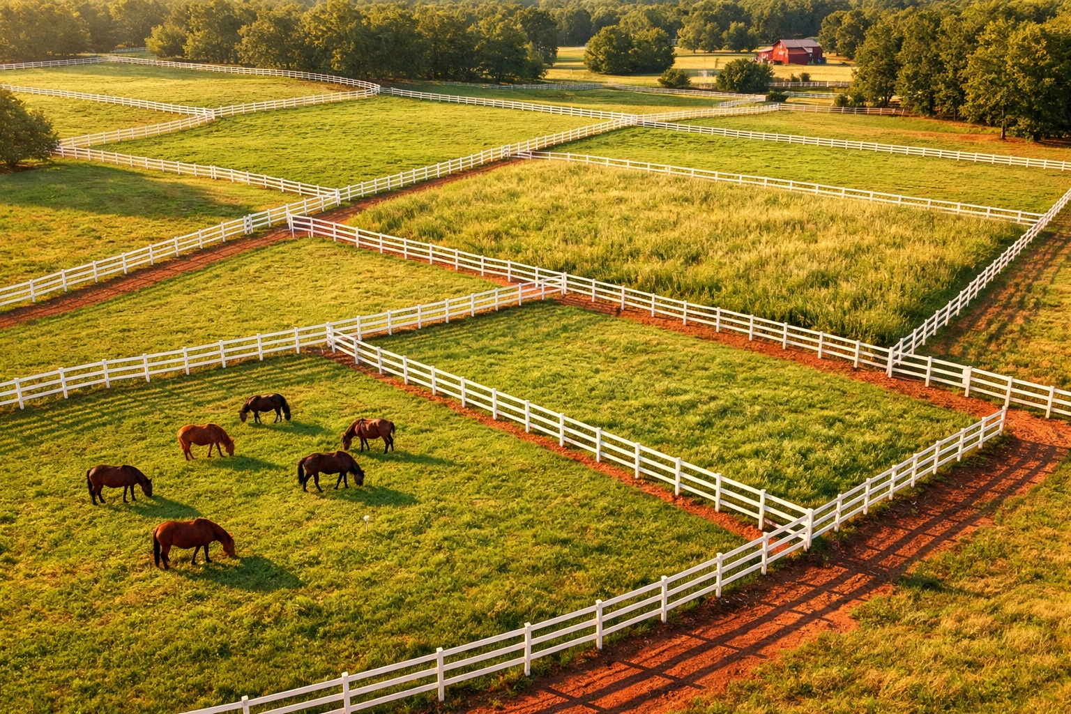 Rotational grazing paddocks on North Carolina horse farm with divided pastures and white fencing