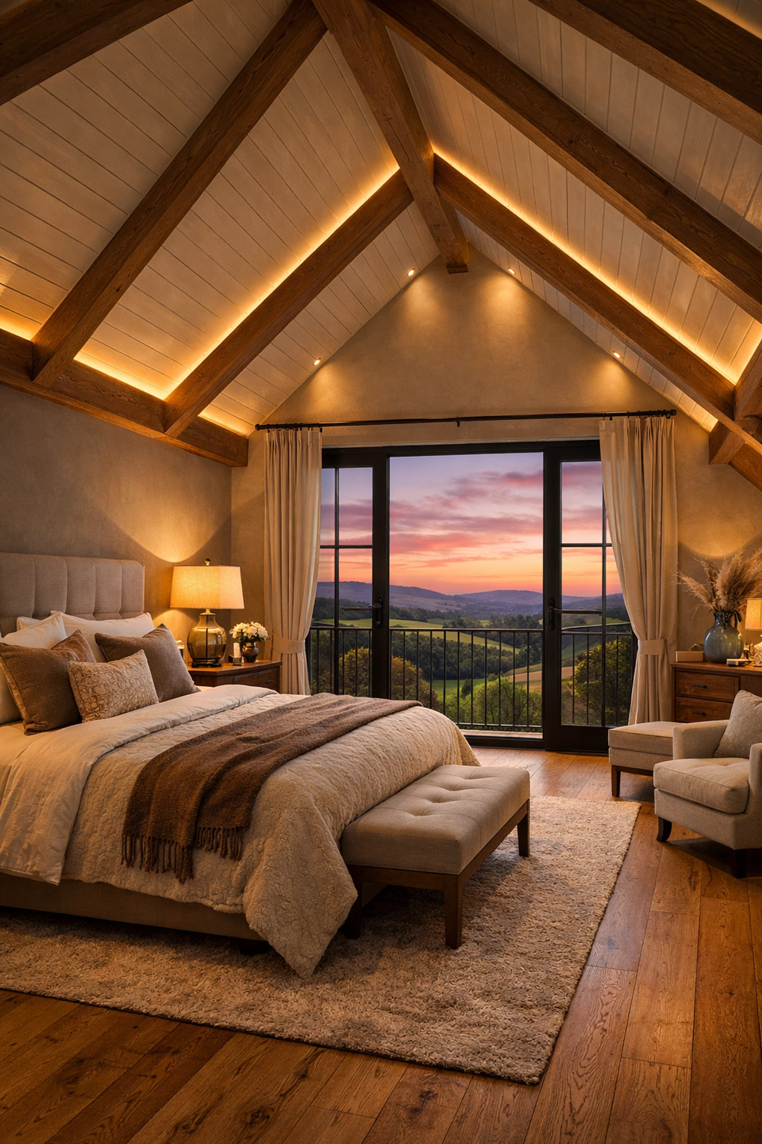 Luxury master bedroom with vaulted ceilings and Juliet balcony in a newly added second storey extension.