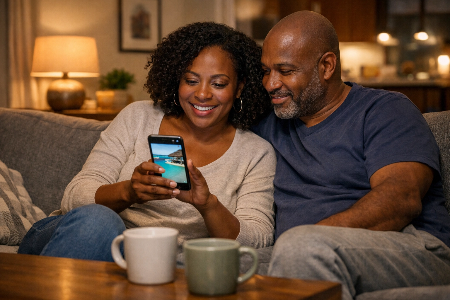 Couple browsing vacation options on smartphone while relaxing at home in the evening