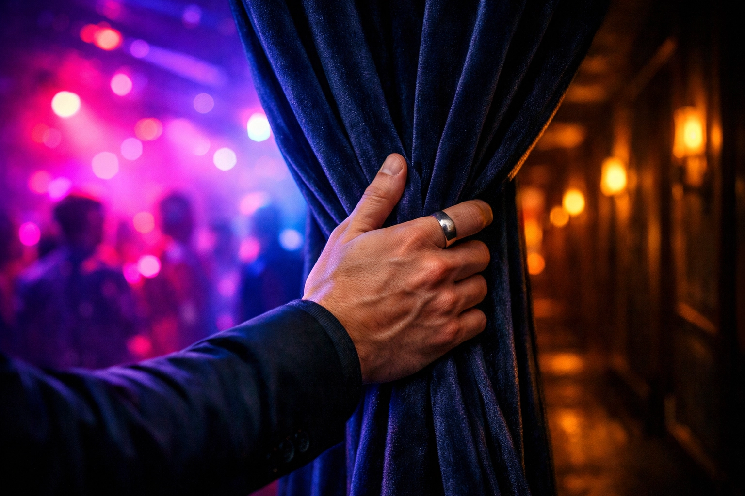 A man's hand pulling back a velvet curtain to move from a dance floor to a private gay club room.