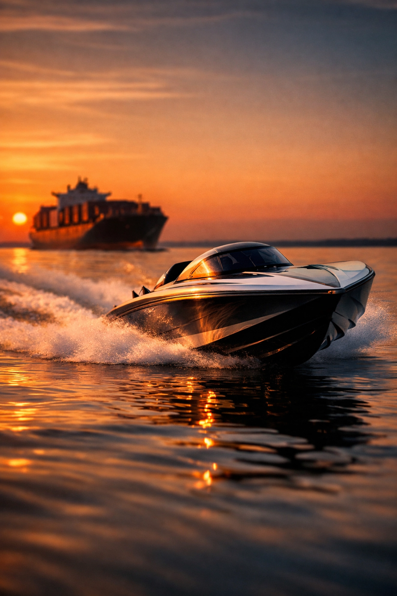 Speedboat representing agile solo founder outpacing large cargo ship competitor in open water