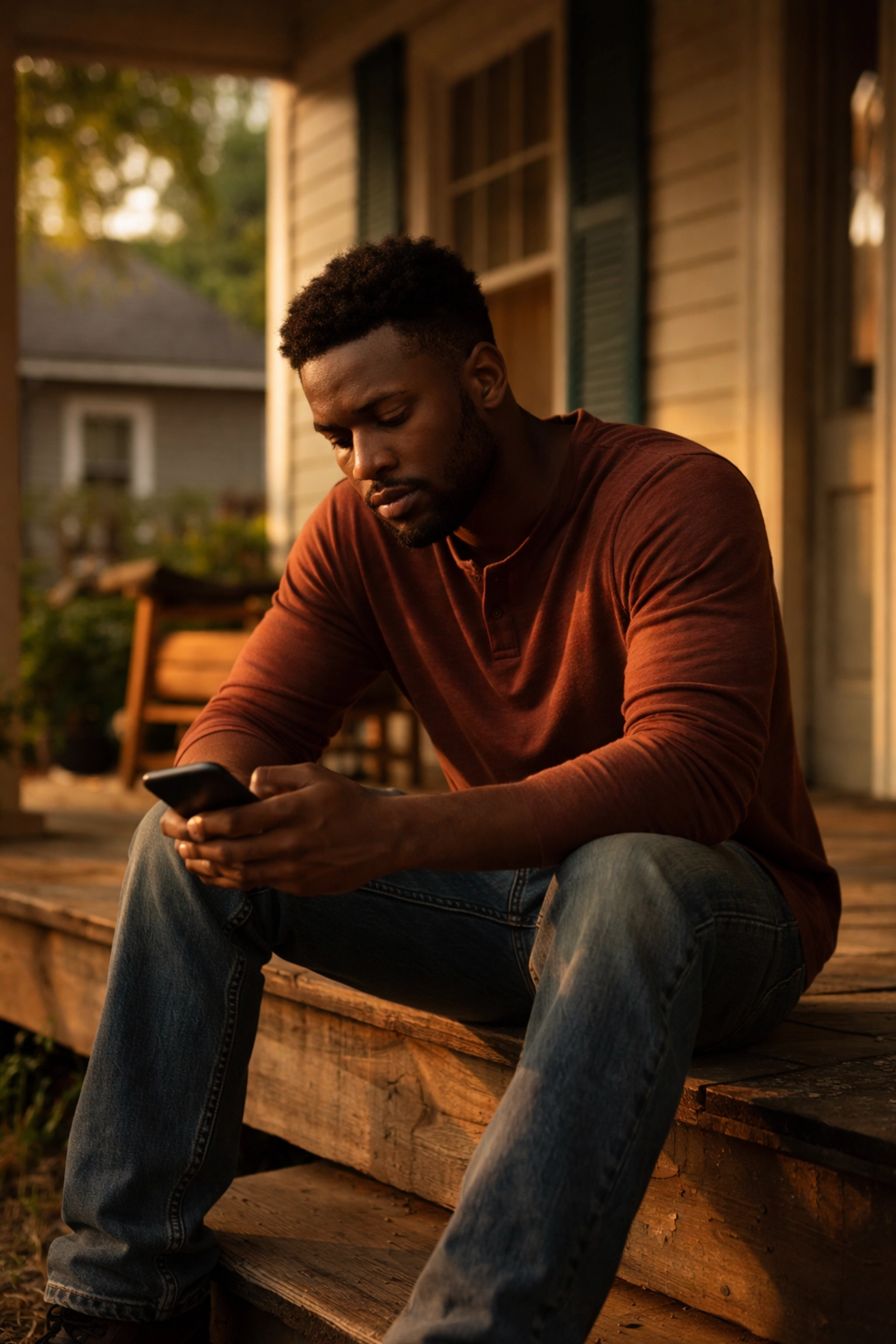 Black man in his 30s sits alone on a southern porch, looking contemplative, symbolizing mental health struggles and relationship pressures for Black men.