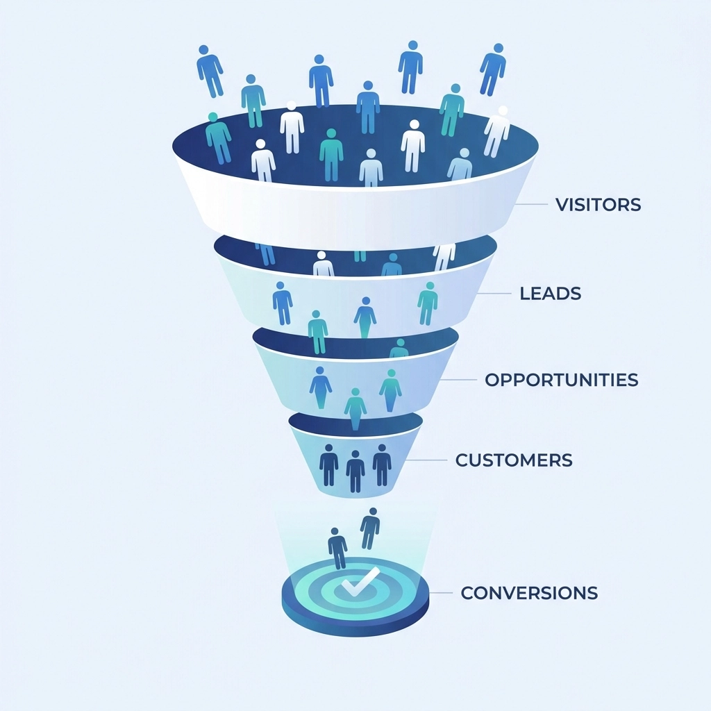 Vector illustration of a sales funnel highlighting conversions and the customer journey on a website