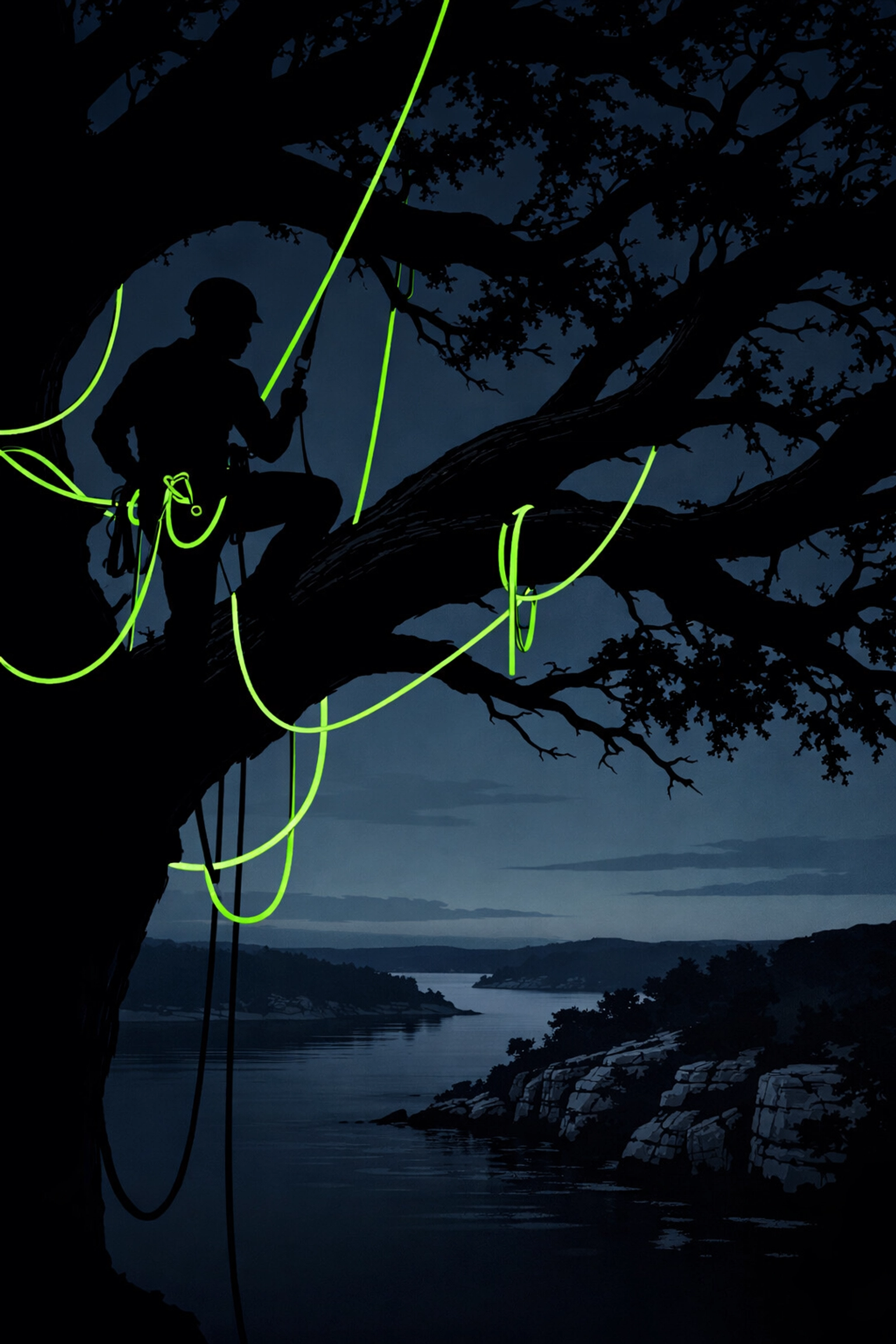 Professional arborist pruning a large oak tree above the Lake of the Ozarks in Camden County.