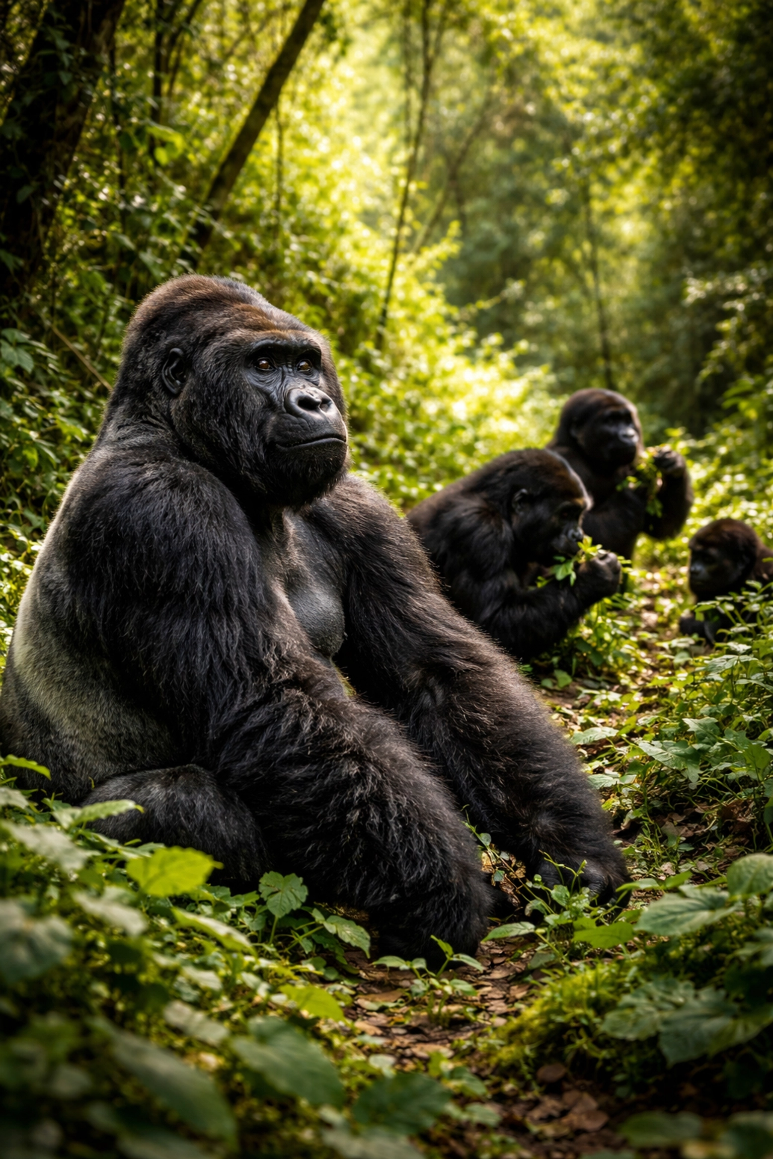 Mountain gorilla family resting in Bwindi's dense forest, silverback in foreground among green foliage.