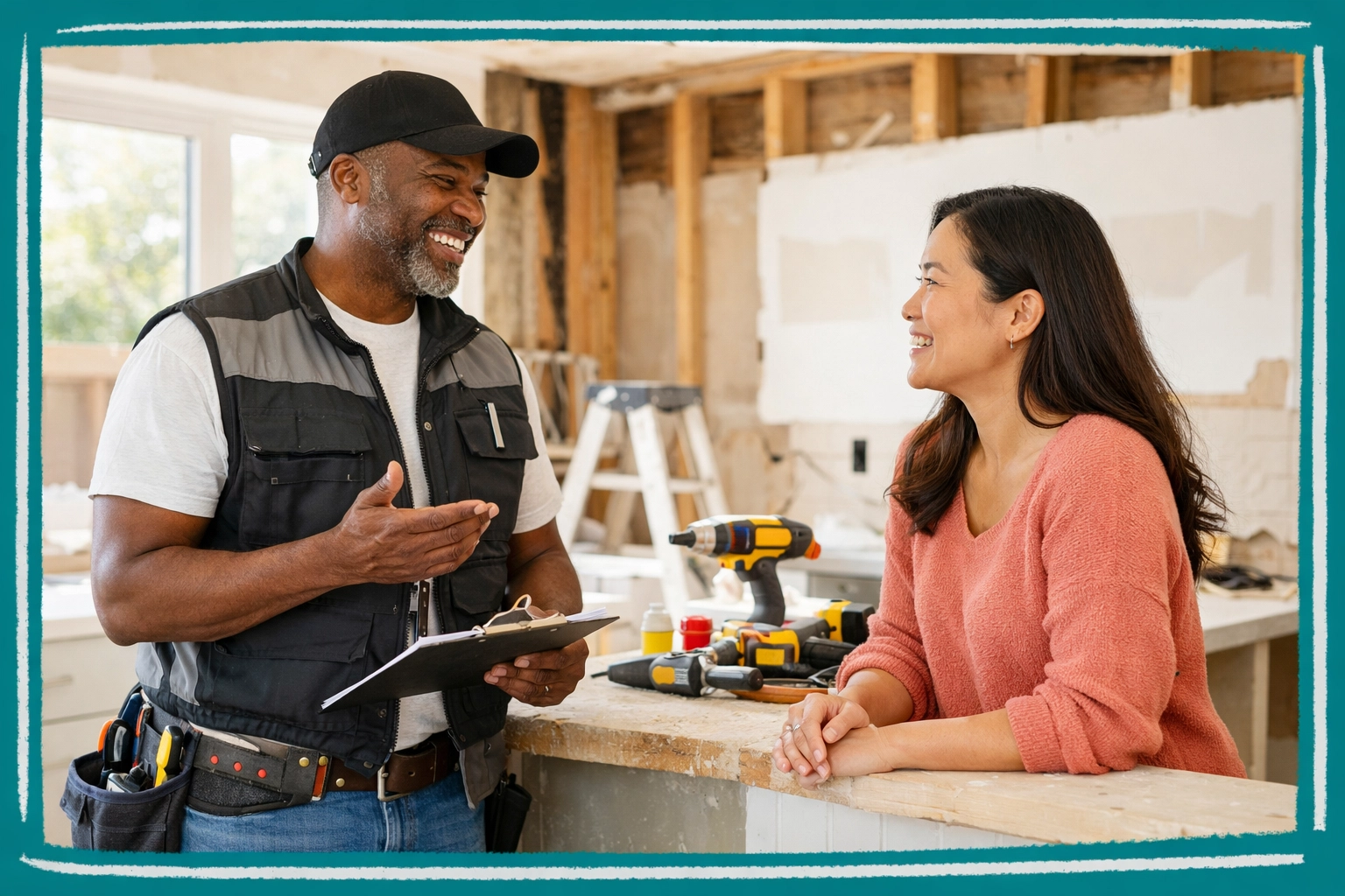 A contractor and homeowner discussing kitchen renovation costs and repair estimates in a Connecticut house. A contractor and homeowner discussing kitchen renovation costs and repair estimates in a Connecticut house.