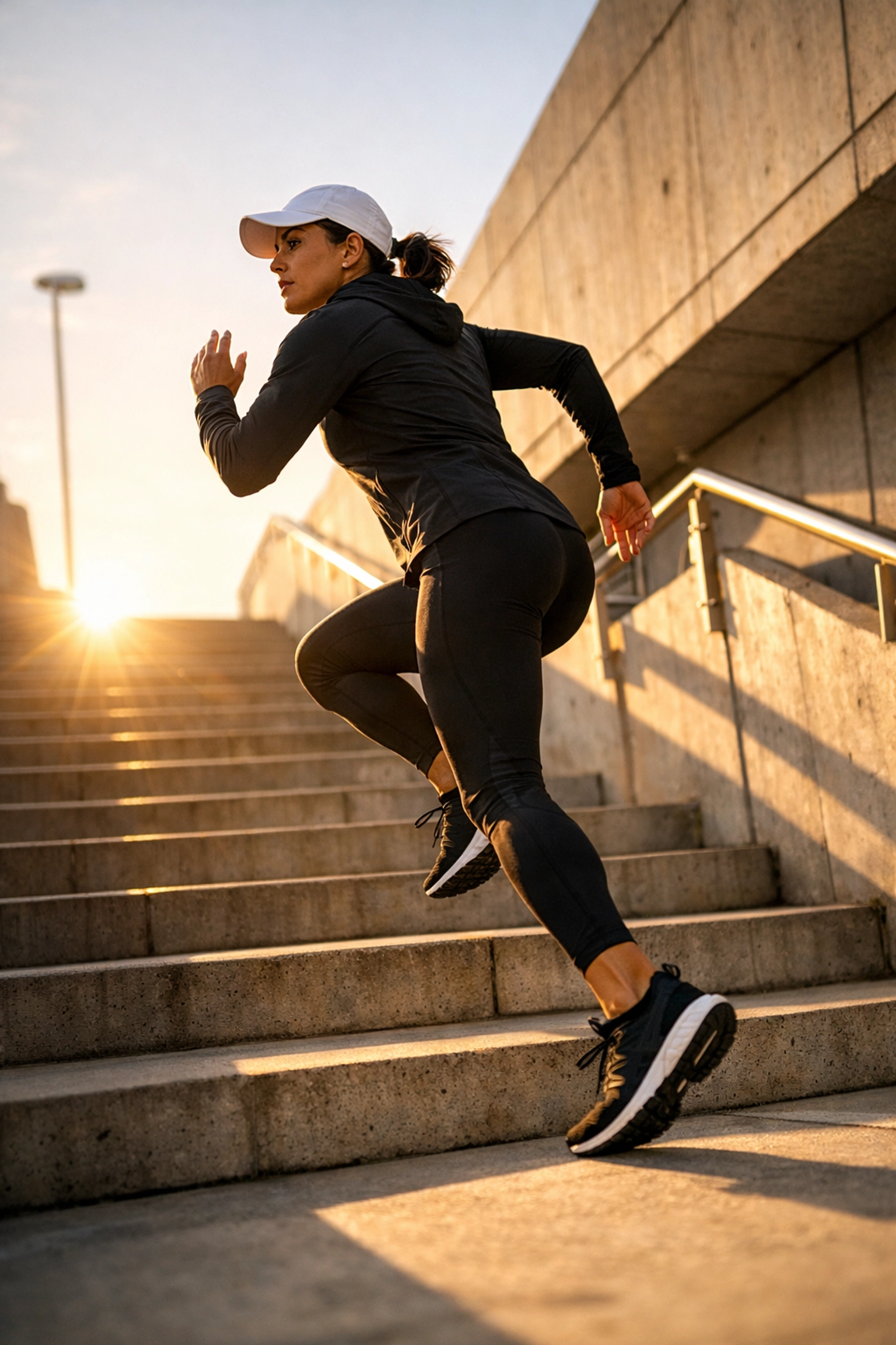 A man sprinting up stairs during a 10-minute exercise snack to boost cardiovascular longevity.