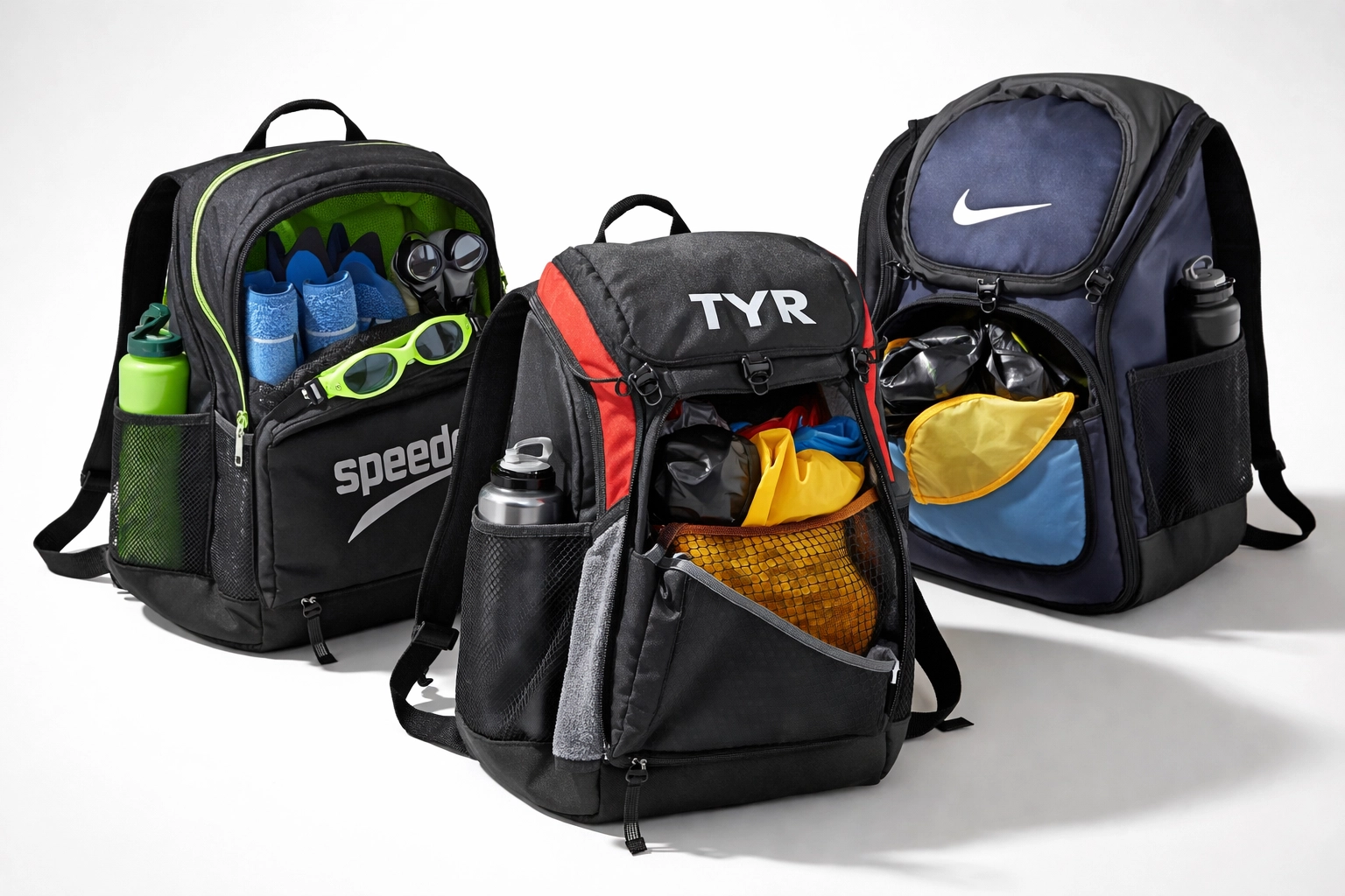 Comparativa de tres mochilas de natación abiertas mostrando equipamiento en su interior sobre fondo blanco.