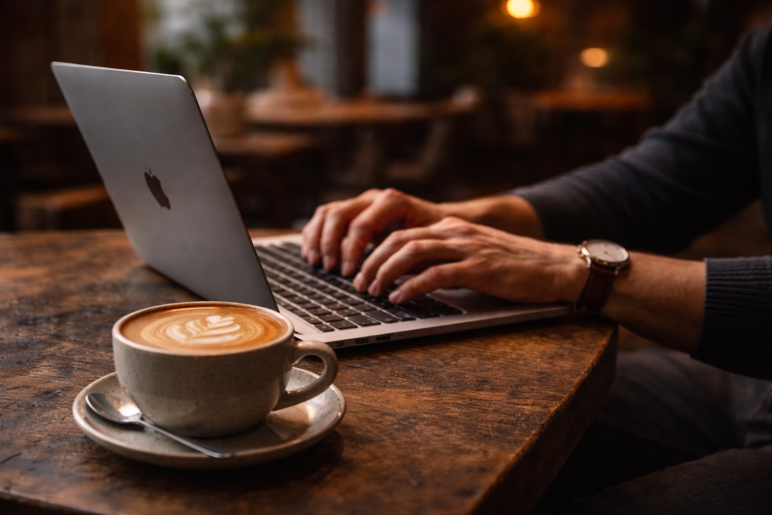 Remote worker typing on MacBook with oat milk latte at Brooklyn café, ideal for Bed-Stuy productivity