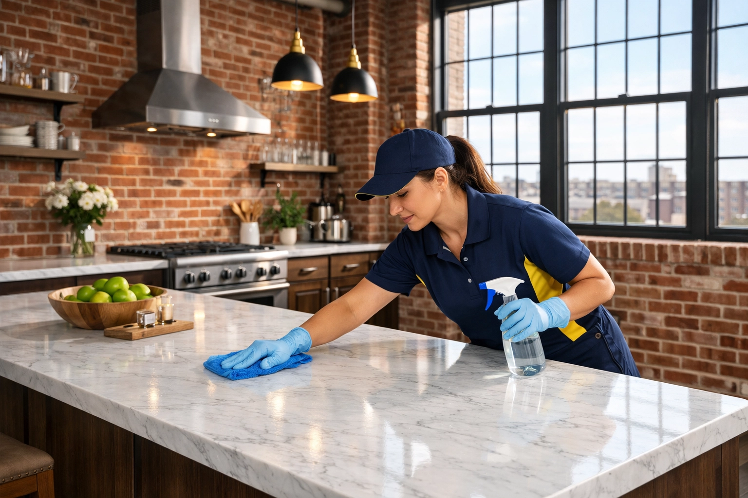 Professional cleaner performing deep cleaning Lowell services in a modern mill loft kitchen.