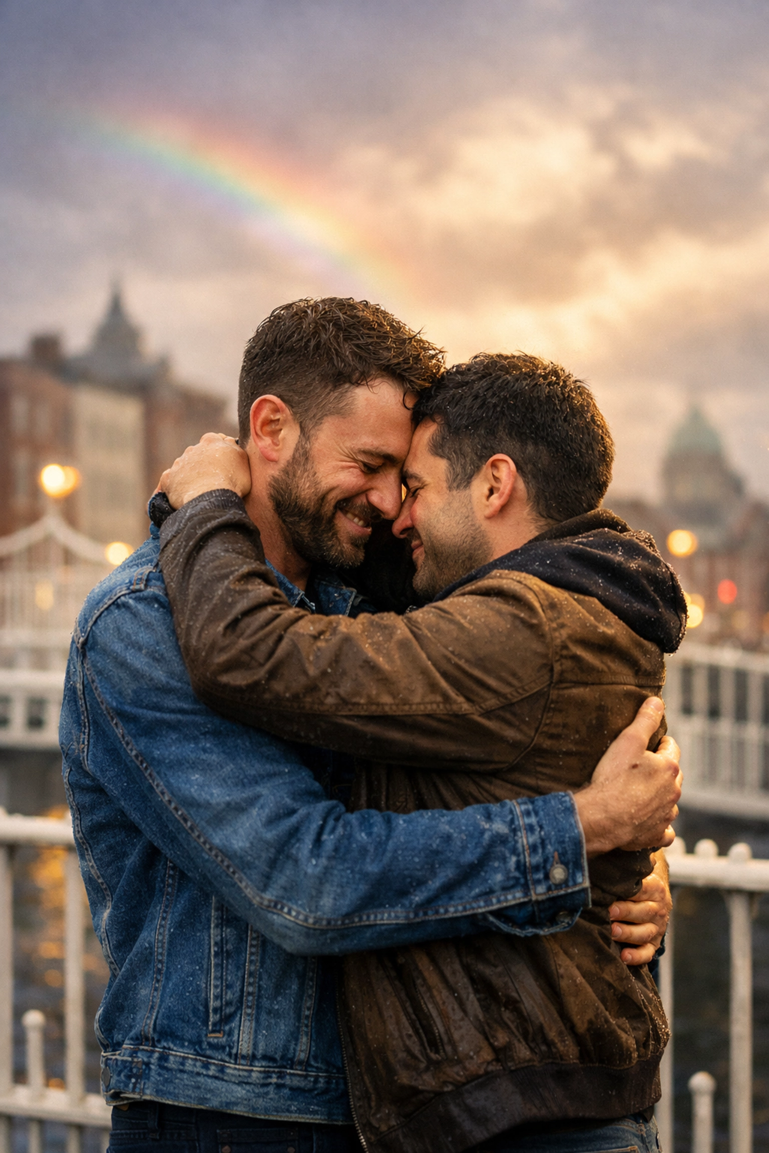 Gay couple embraces in Dublin after Ireland decriminalized homosexuality, celebrating LGBTQ+ equality