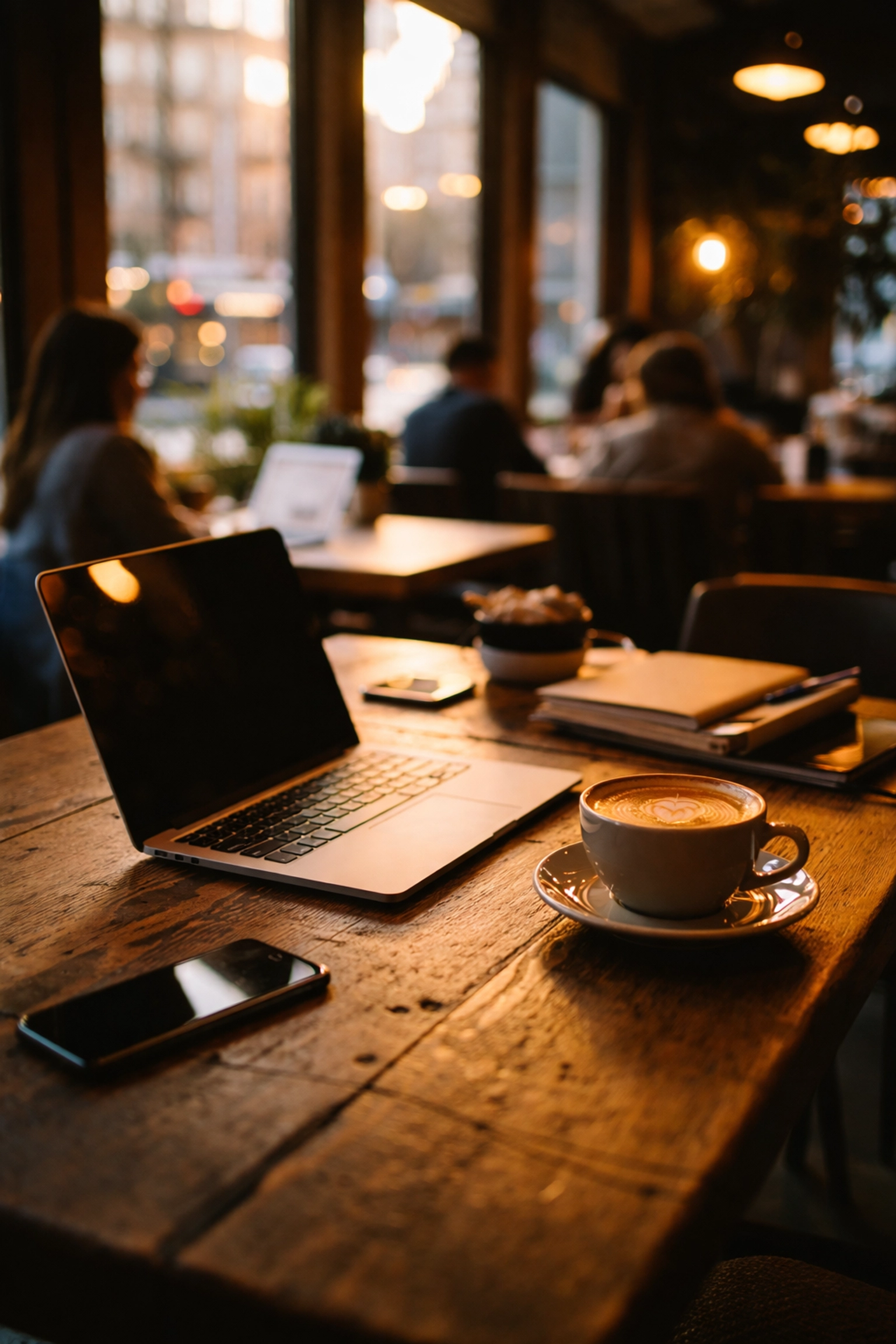 Cozy Manhattan coffee shop with laptops and workers, ideal spot for remote work in New York City