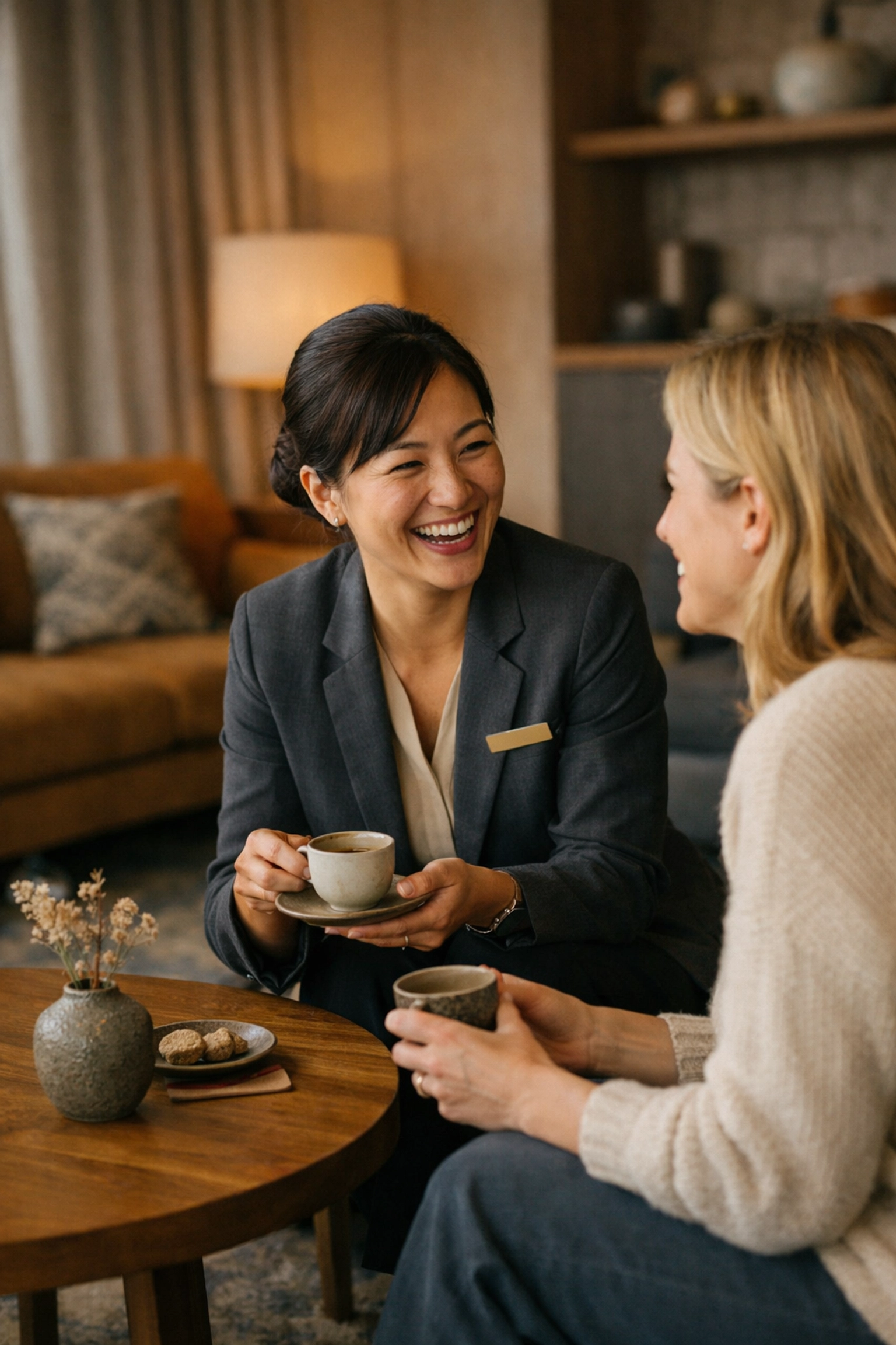 Hotel staff and guest connecting in a lounge, showing the human side of AI in hospitality.
