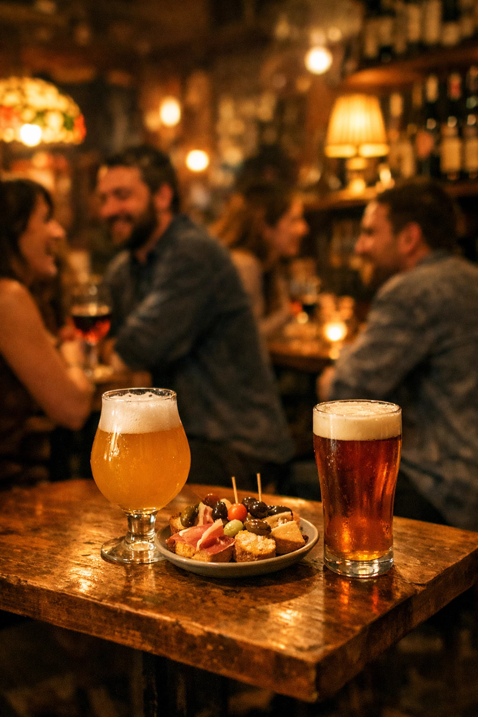 Cozy Montreal wine bar at night featuring craft beers and appetizers on a wooden table.