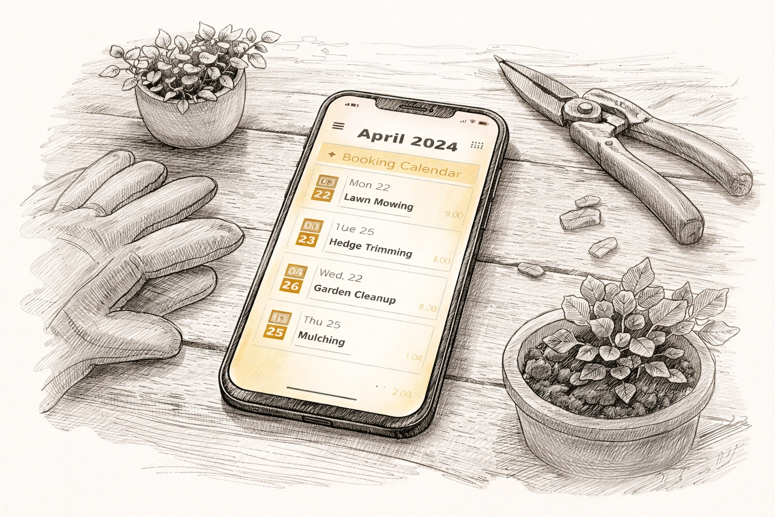 Landscaper's smartphone showing an online booking calendar surrounded by work tools, for booking-ready websites.