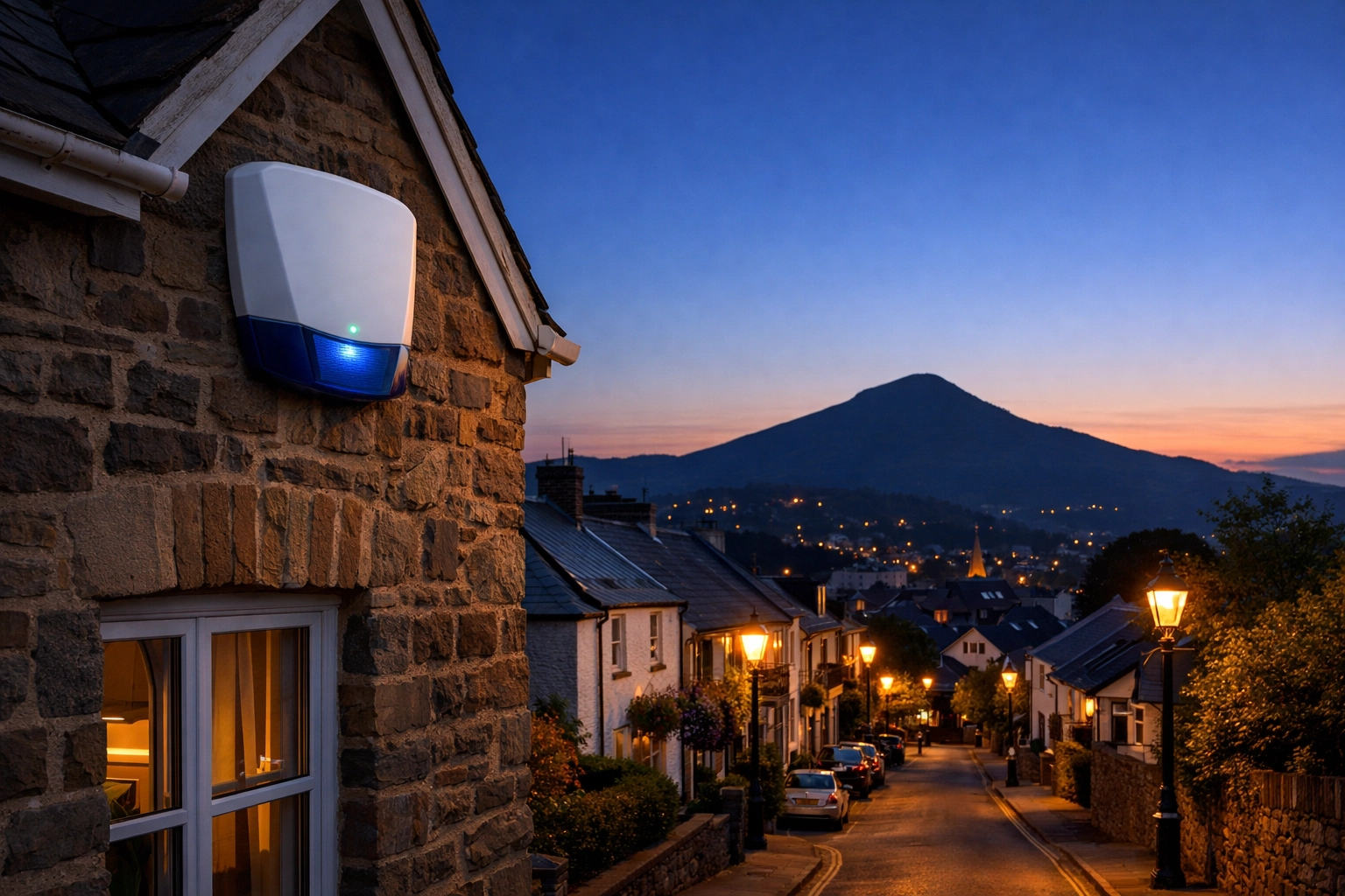 Modern outdoor intruder alarm bell box installed on an Abergavenny house under a twilight sky.