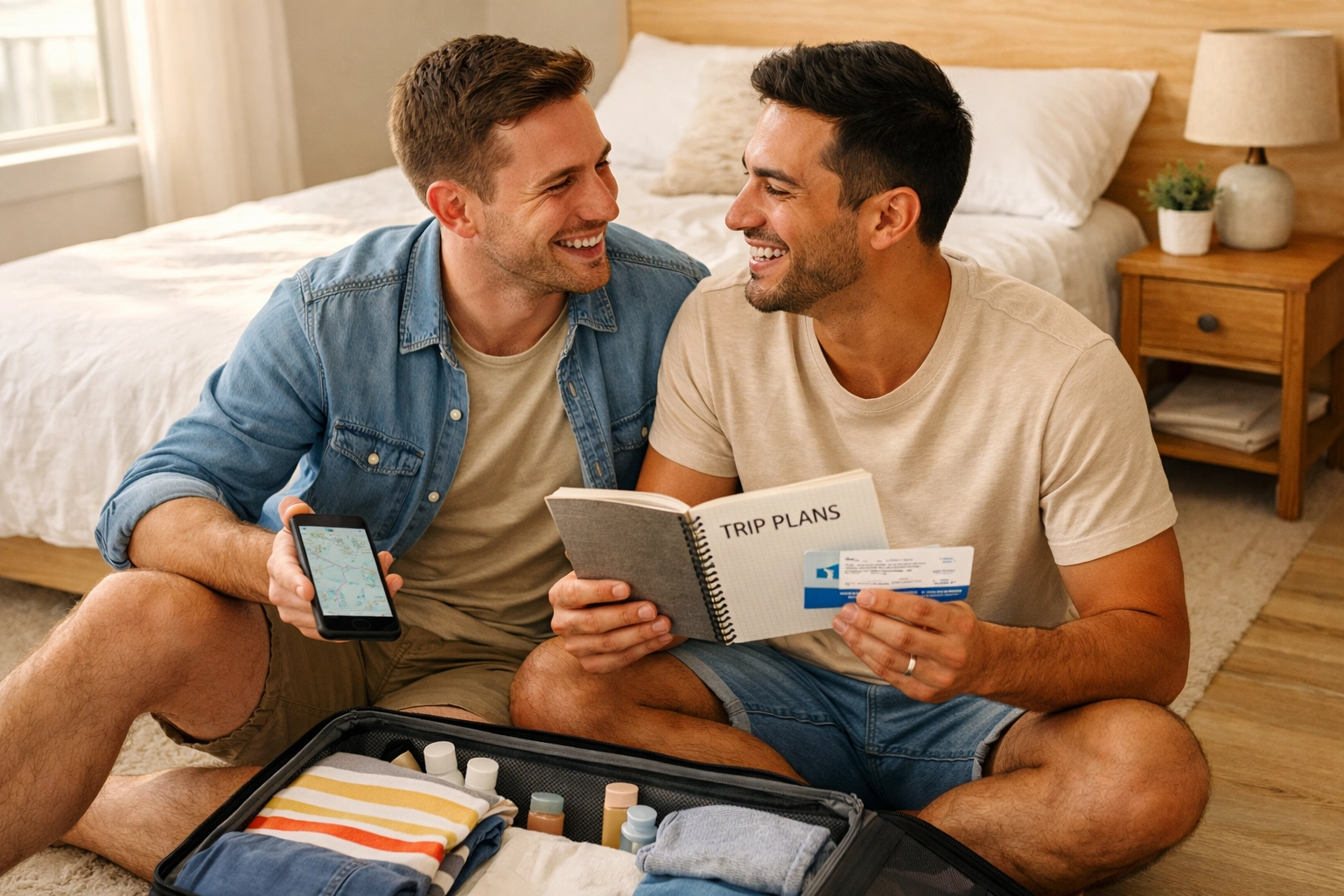 Gay couple laughing while packing a suitcase and planning a romantic vacation together.