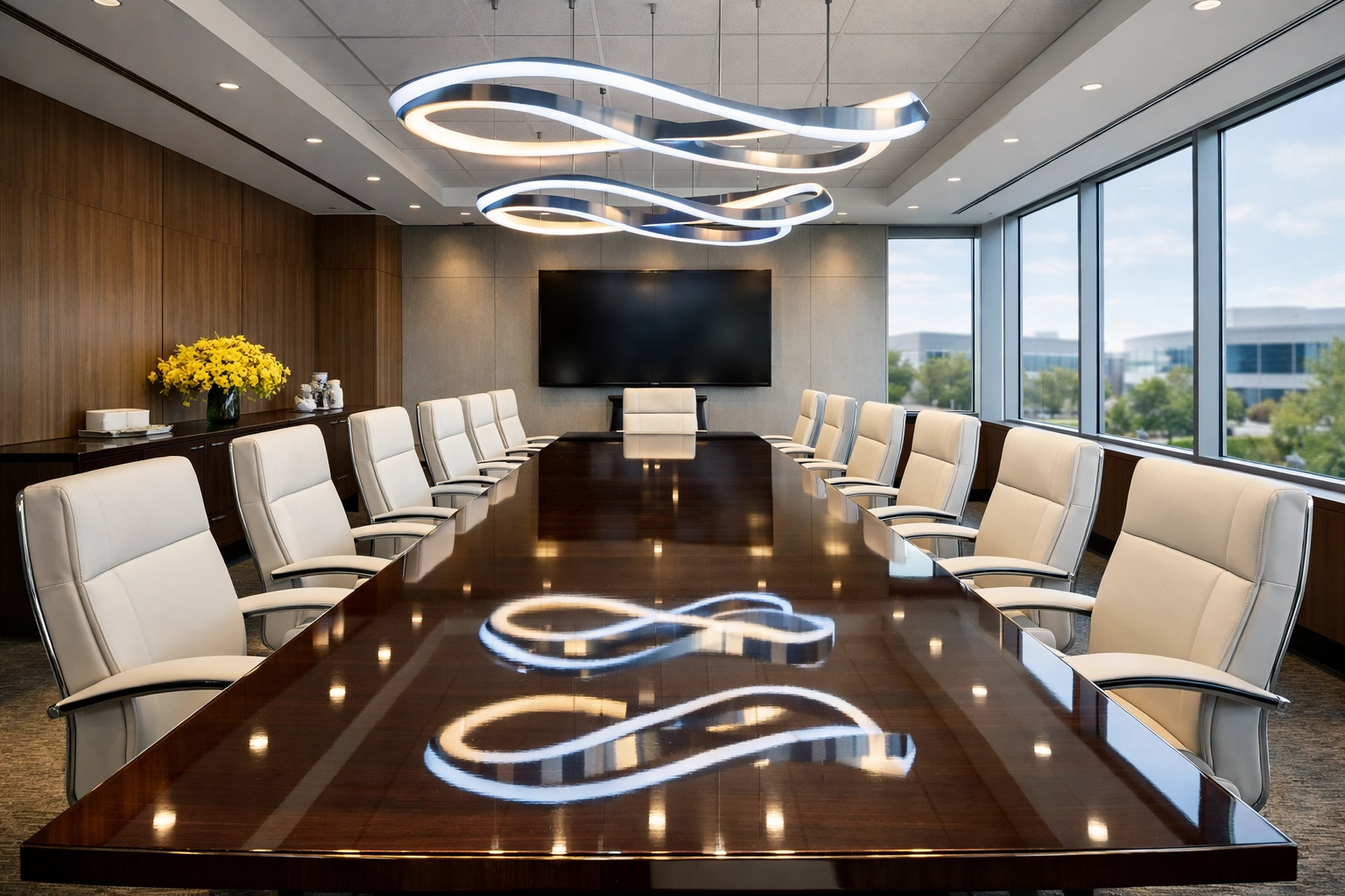 Polished luxury boardroom table illustrating high-quality commercial cleaning in Milford for professional workspaces.