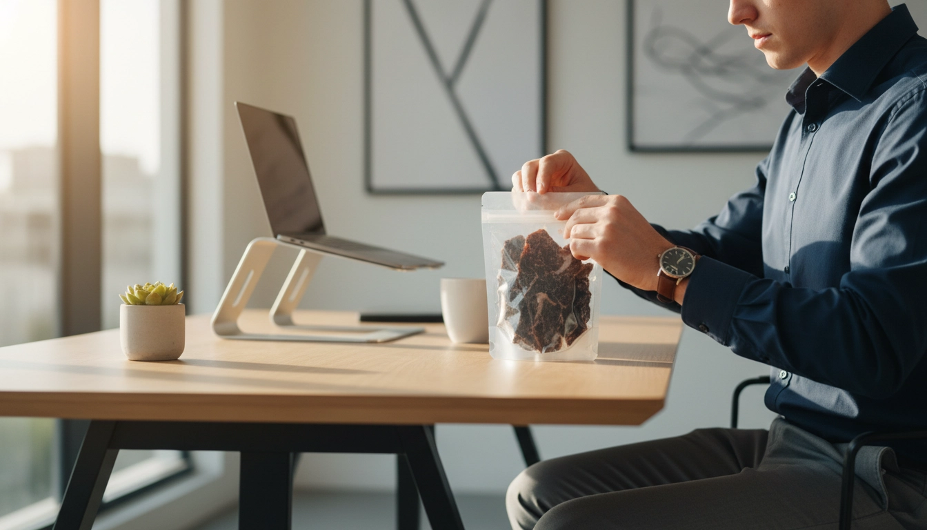 Opening a pouch of air dried beef biltong at a clean desk, high protein snacks for work, healthy meat snacks, biltong snacks, low sugar office snack