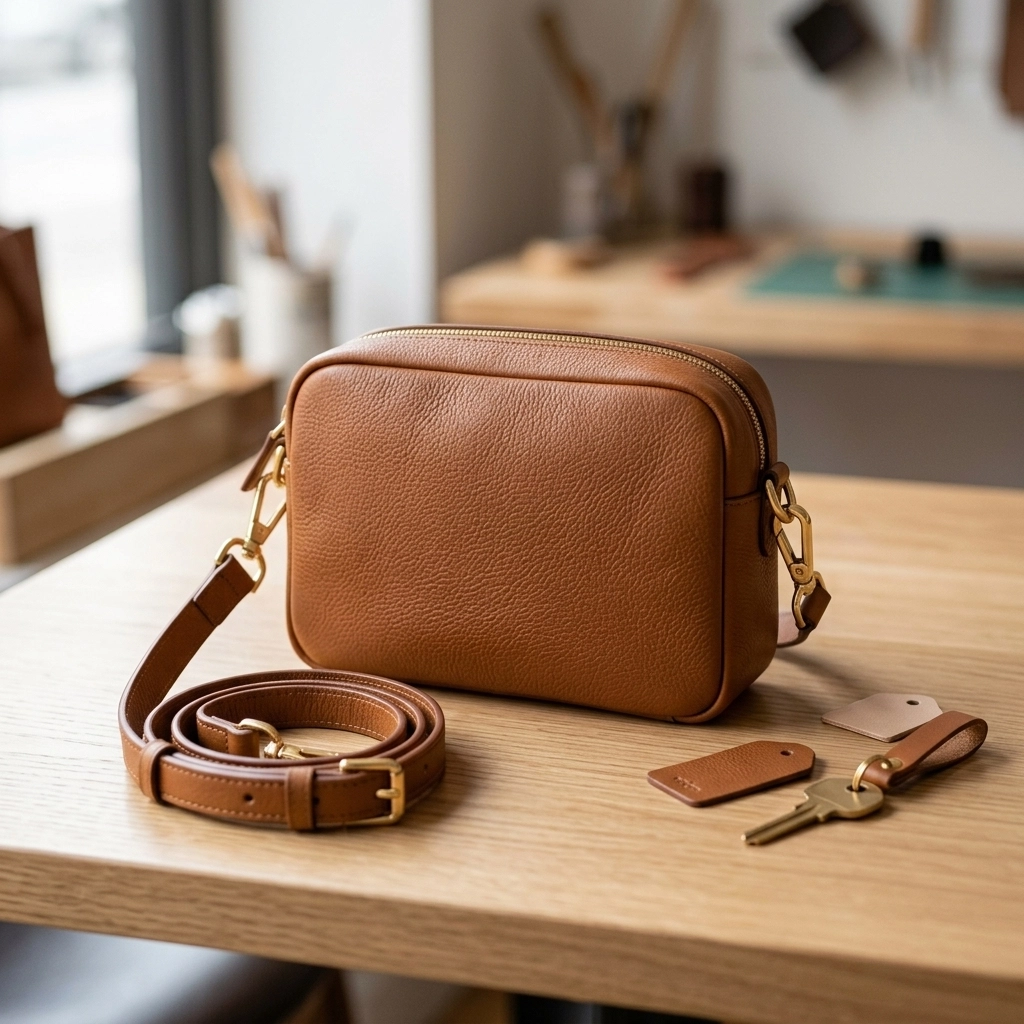 Neutral crossbody bag on a tabletop