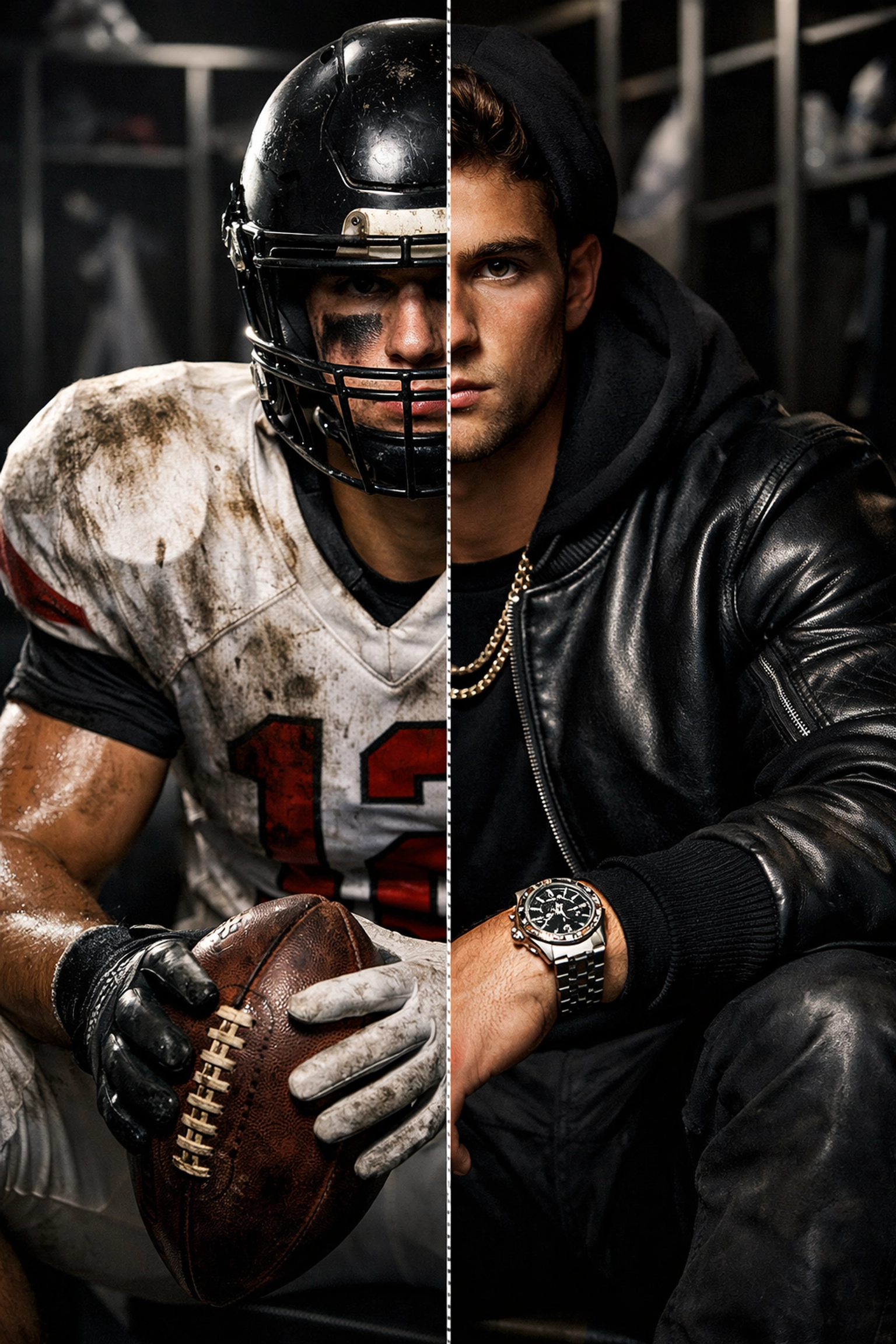 A college athlete split image showing game uniform versus stylish streetwear for NIL branding.