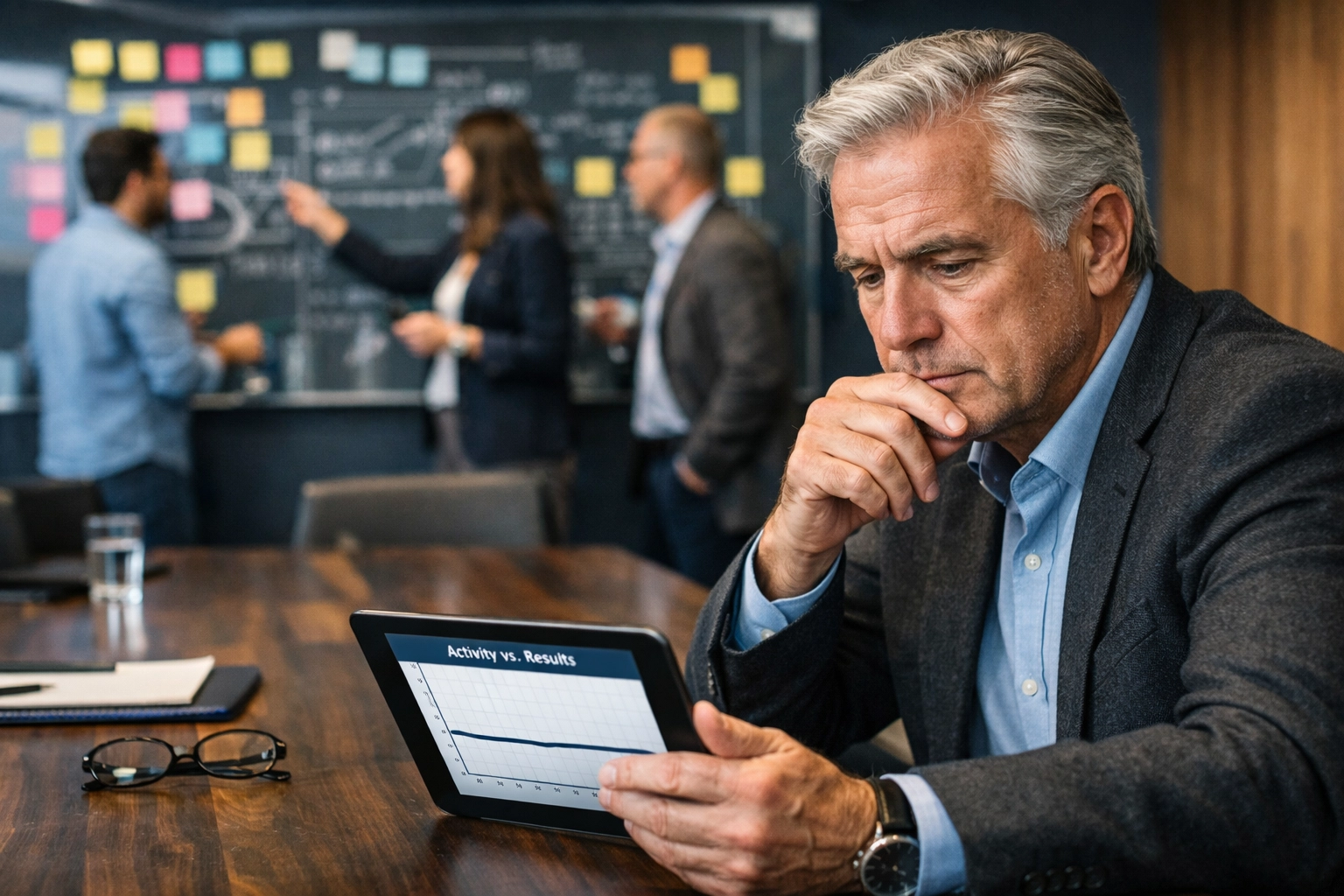 CEO in a boardroom reviewing a flat growth chart while marketing team focuses on checklist activities.