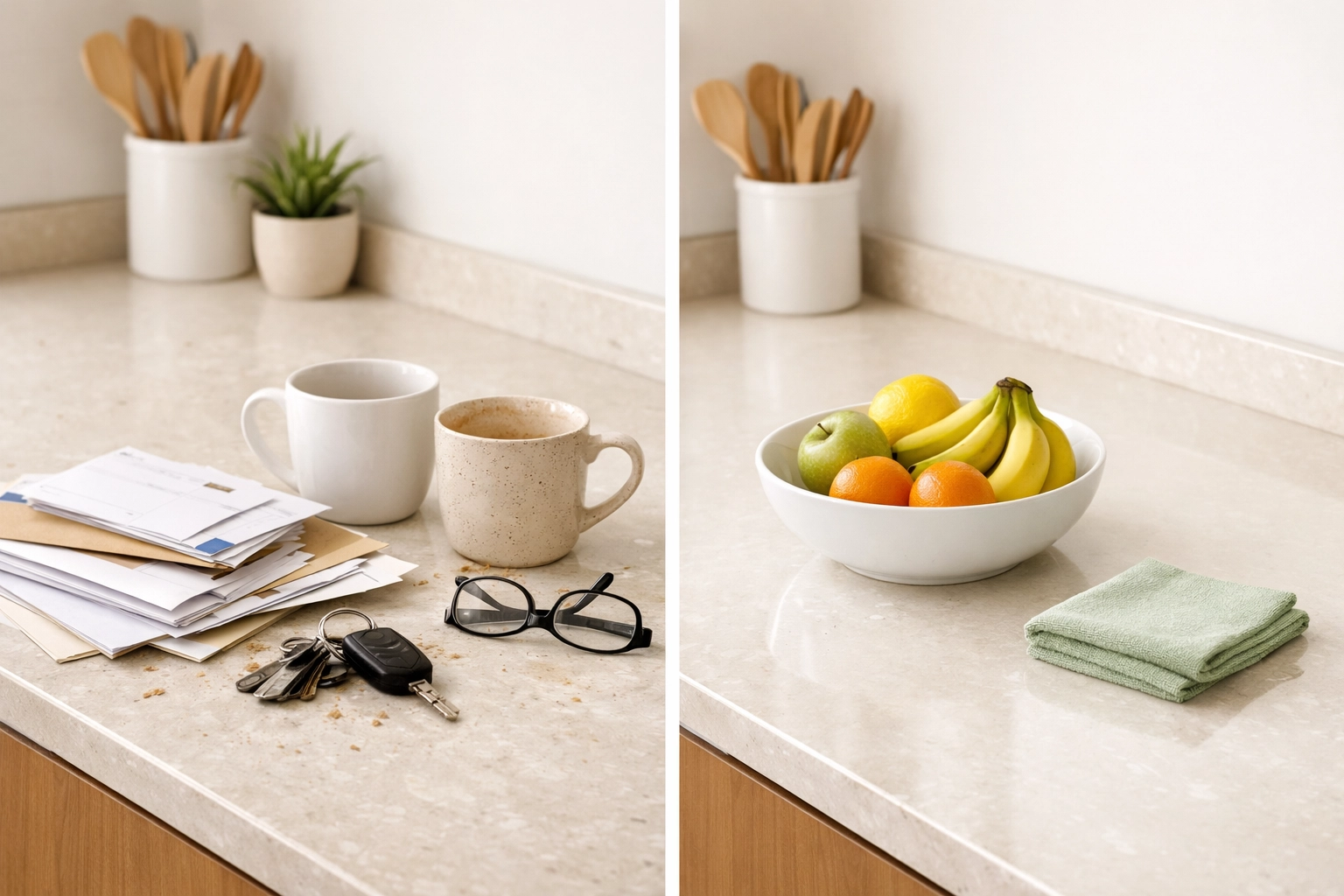 Comparison of a cluttered counter versus a tidy kitchen after house cleaning in Greenville SC.