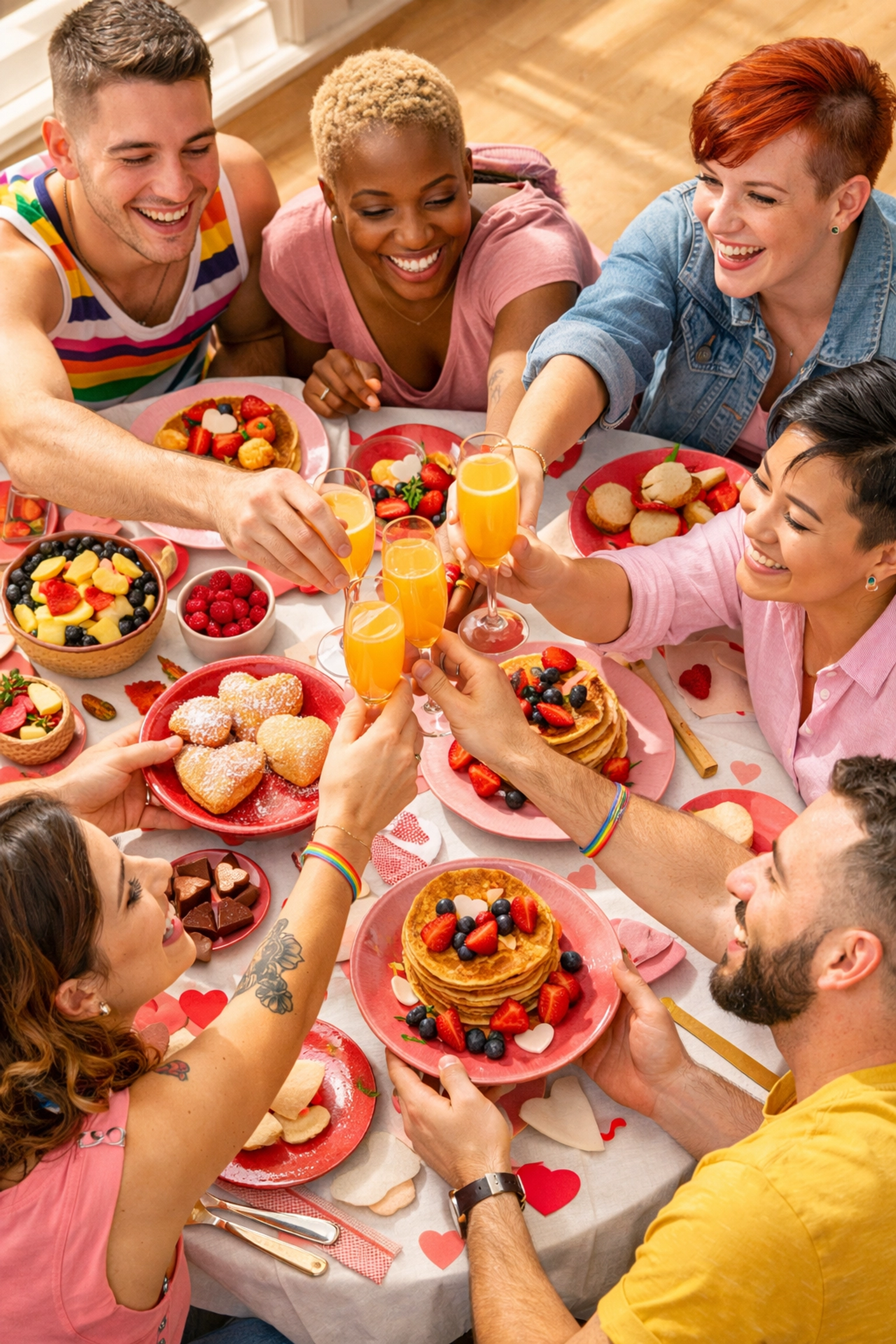 LGBTQ+ friends enjoying festive Galentine's Day brunch celebration