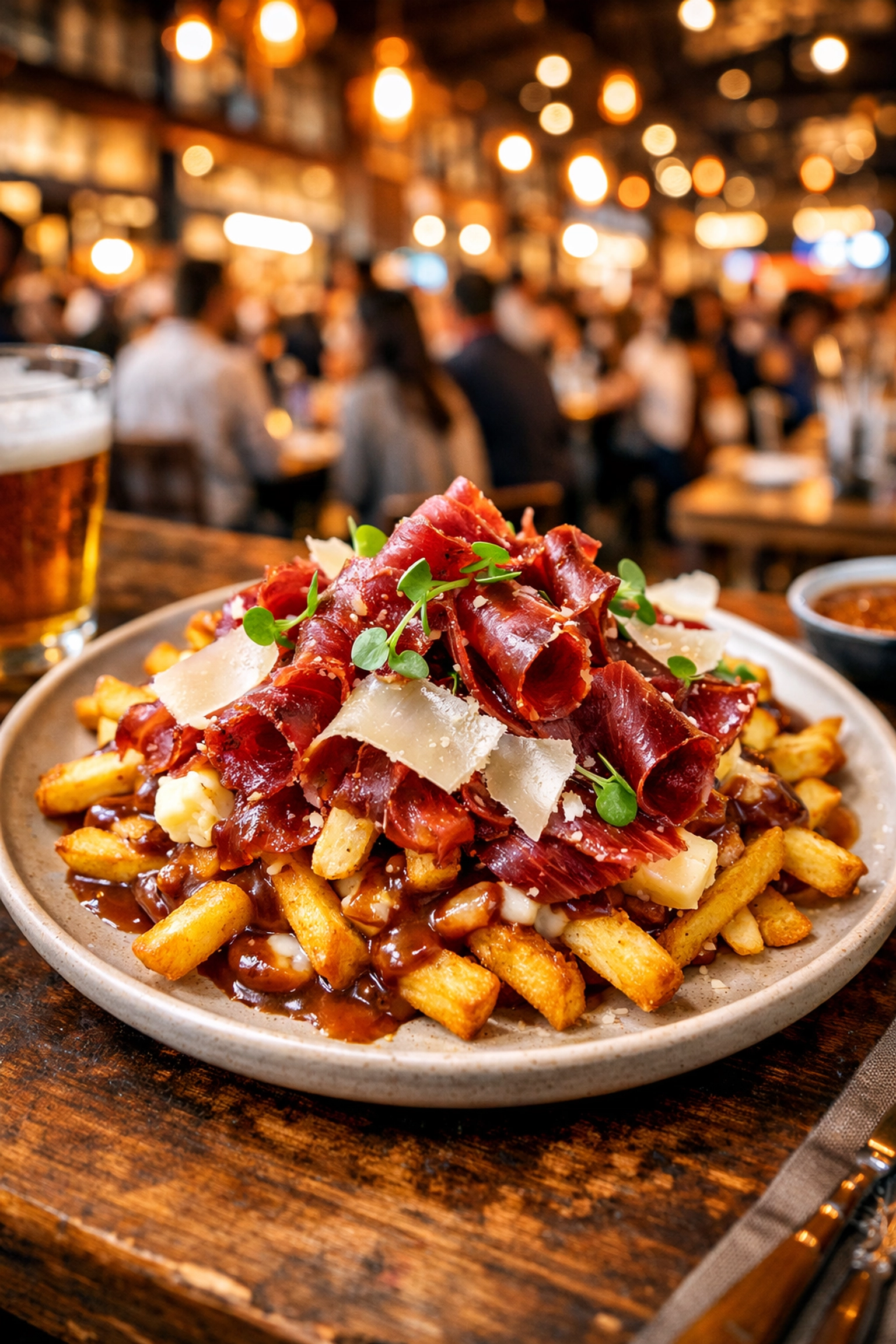 Gourmet fusion poutine topped with Iberian ham and Manchego cheese in a modern Montreal food hall.