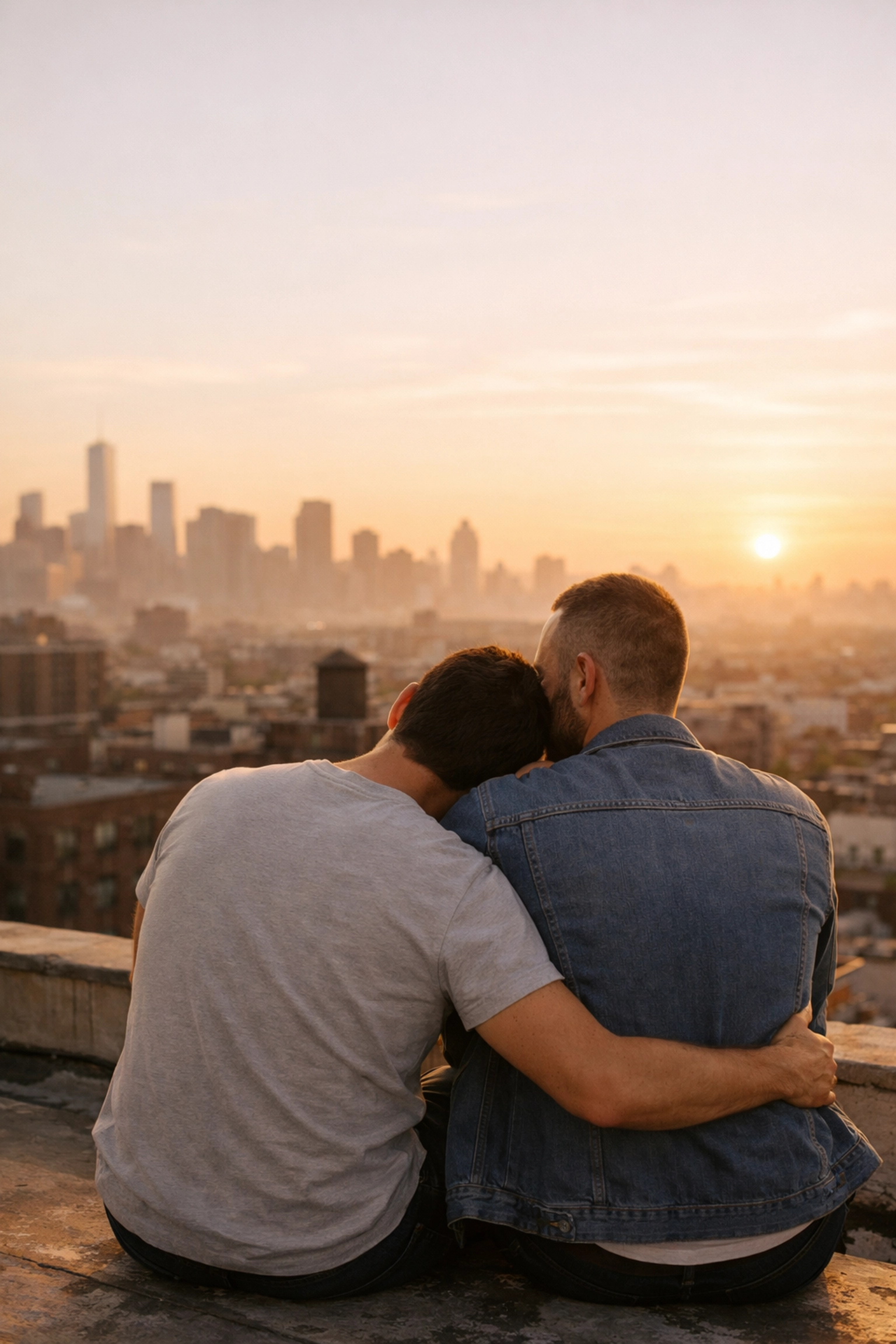 Two gay men on a sunrise rooftop representing recovery and finding light after addiction.