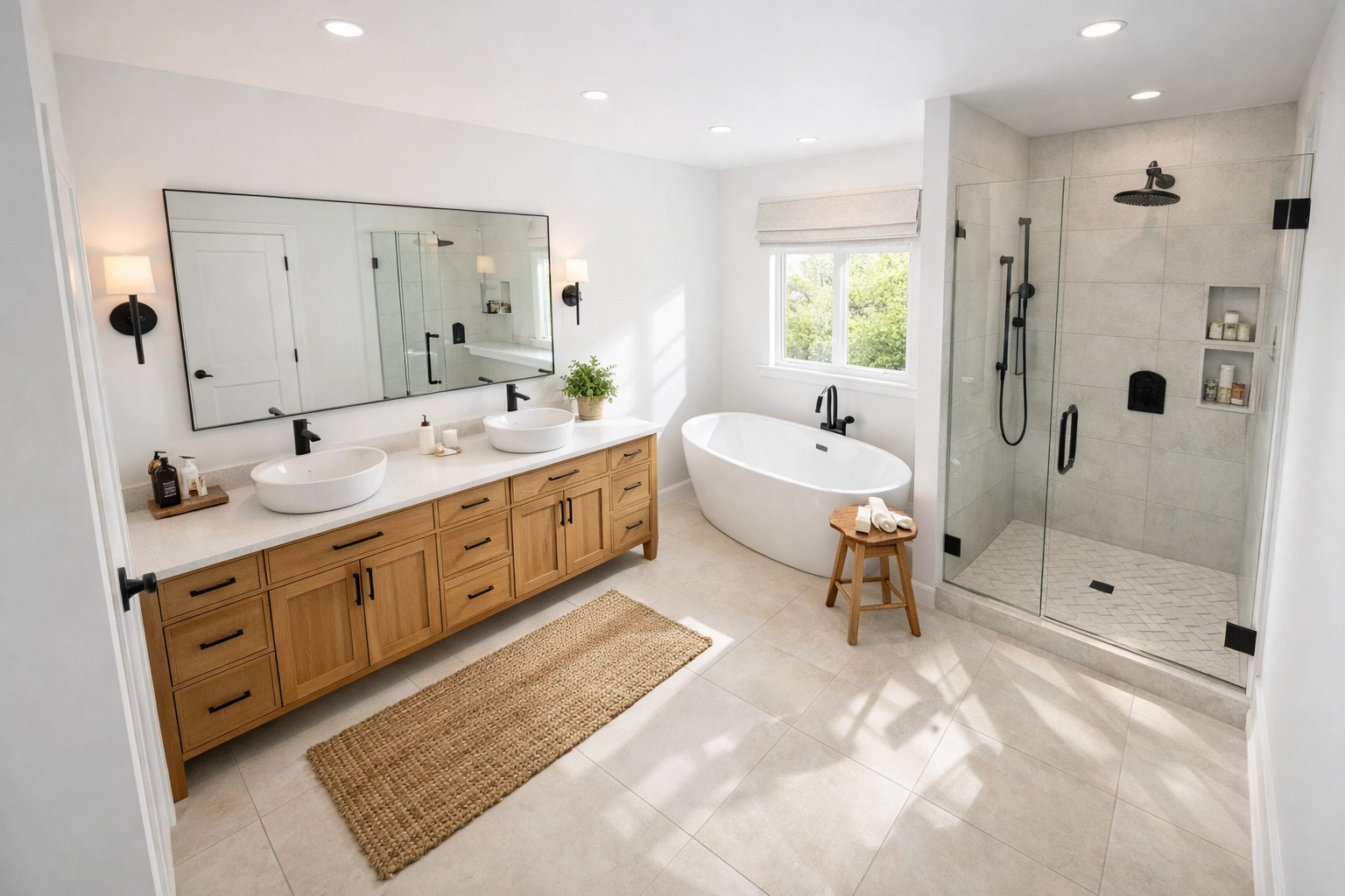 Well-planned bathroom layout with custom double vanity and optimal fixture placement