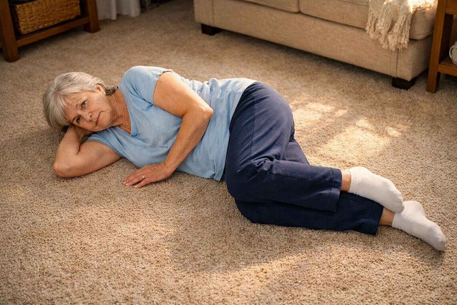 Senior woman lying on her side on carpet demonstrating safe fall recovery position