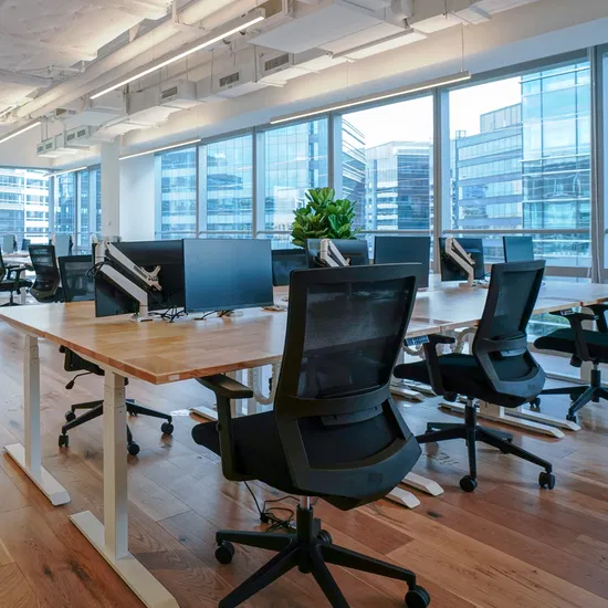 Open-plan office with ergonomic mesh chairs and adjustable sit-stand desks