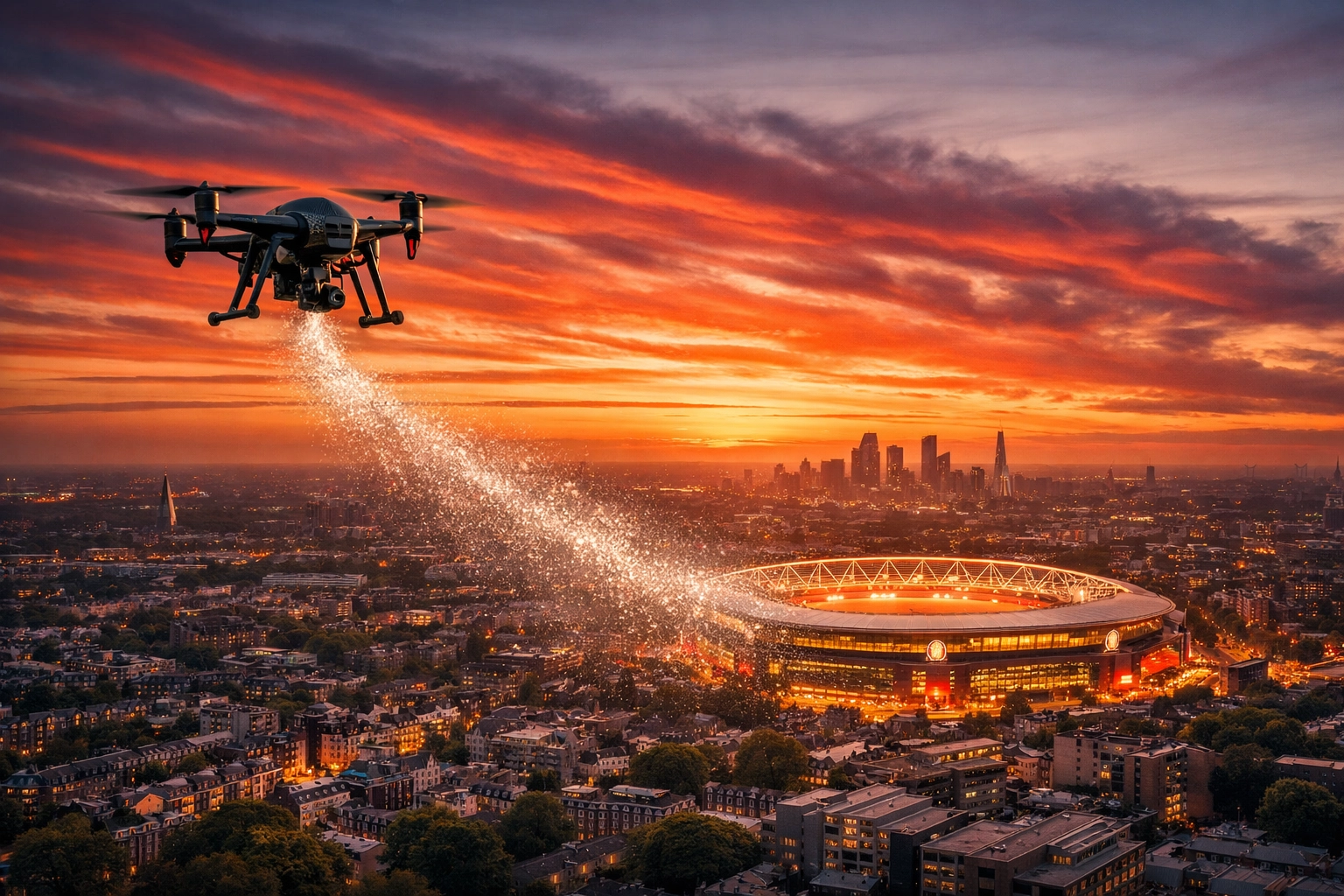 A peaceful drone ash scattering ceremony near the Emirates Stadium in North London for a devoted Arsenal fan.