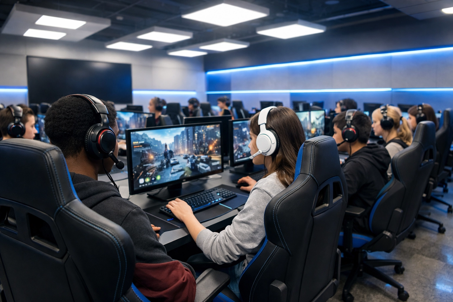 High school students in a modern esports lab using simulator pods for educational growth.