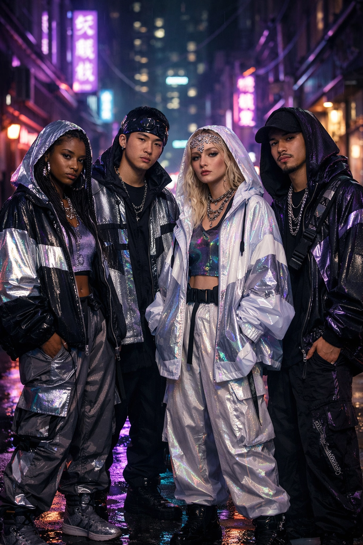 Diverse musicians in futuristic streetwear fashion under neon lights representing global music trends.