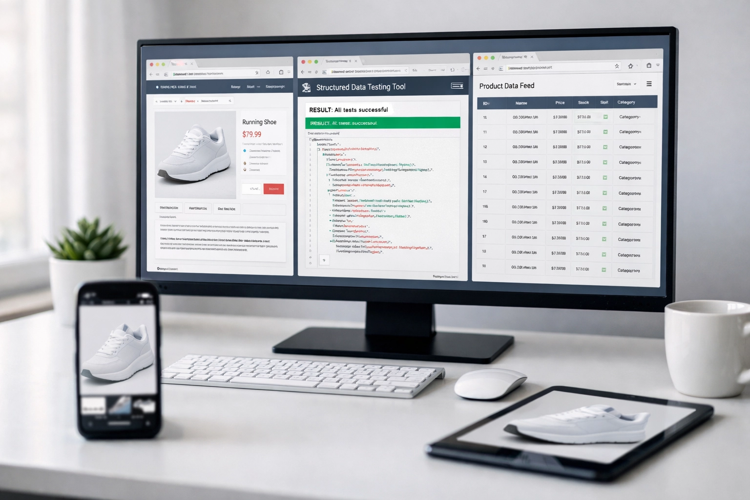 Technical SEO audit workspace showing Schema validation tools and product feed optimization