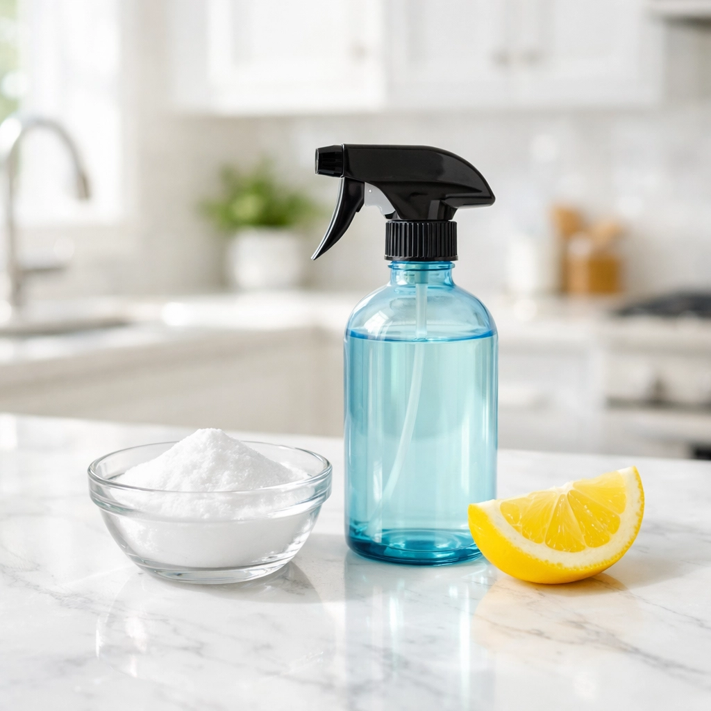 Natural pet-safe cleaning products with baking soda and lemon on a clean marble countertop.