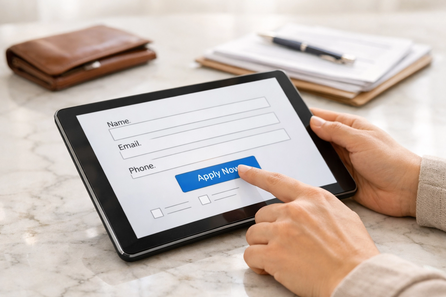 A person applying on a tablet for a 2500 loan with bad credit and same-day funding in Canada.