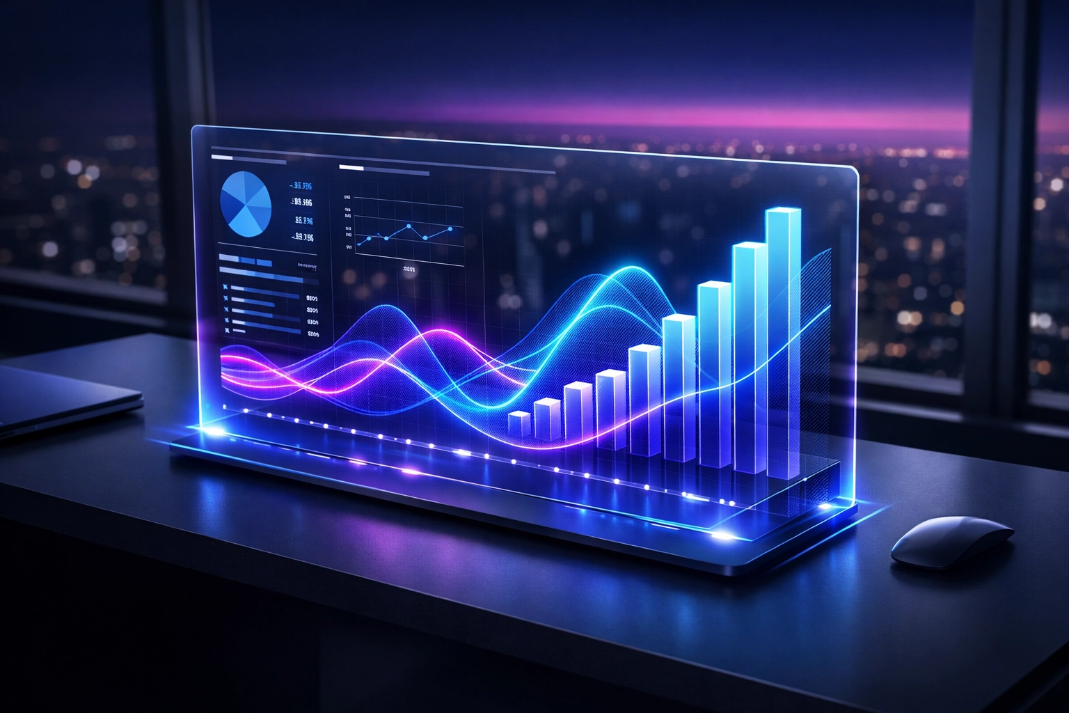 A futuristic business dashboard displaying growth metrics and automated SEO performance data.