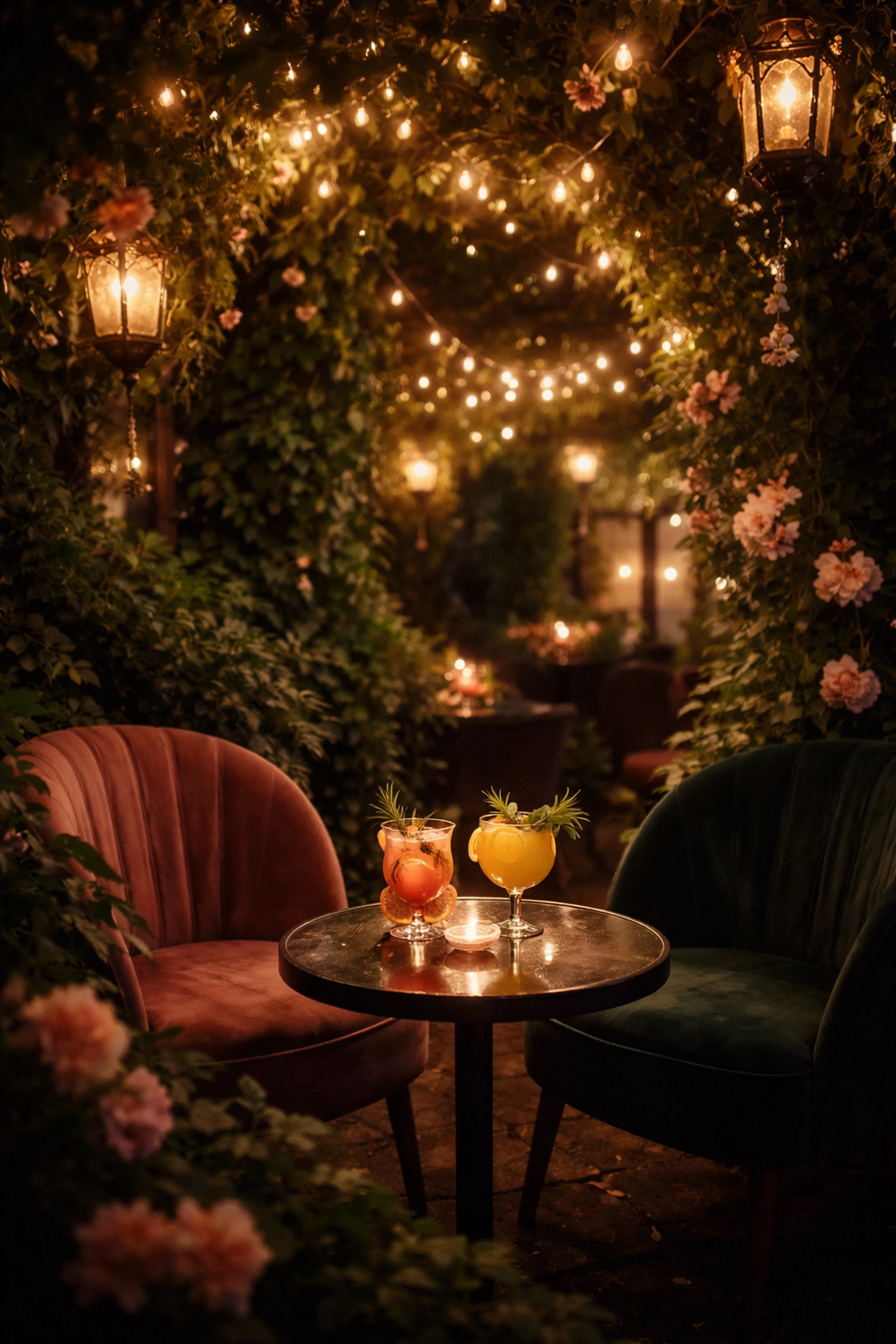 Cozy garden setting at Azalea Bar and Garden in downtown Summerville, with cocktails and intimate ambiance for couples