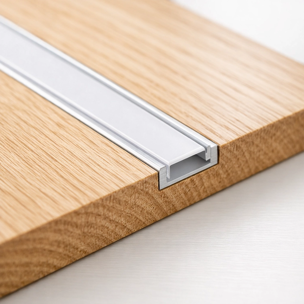 Precision routing and installation of an aluminum led channel into custom wood cabinets.