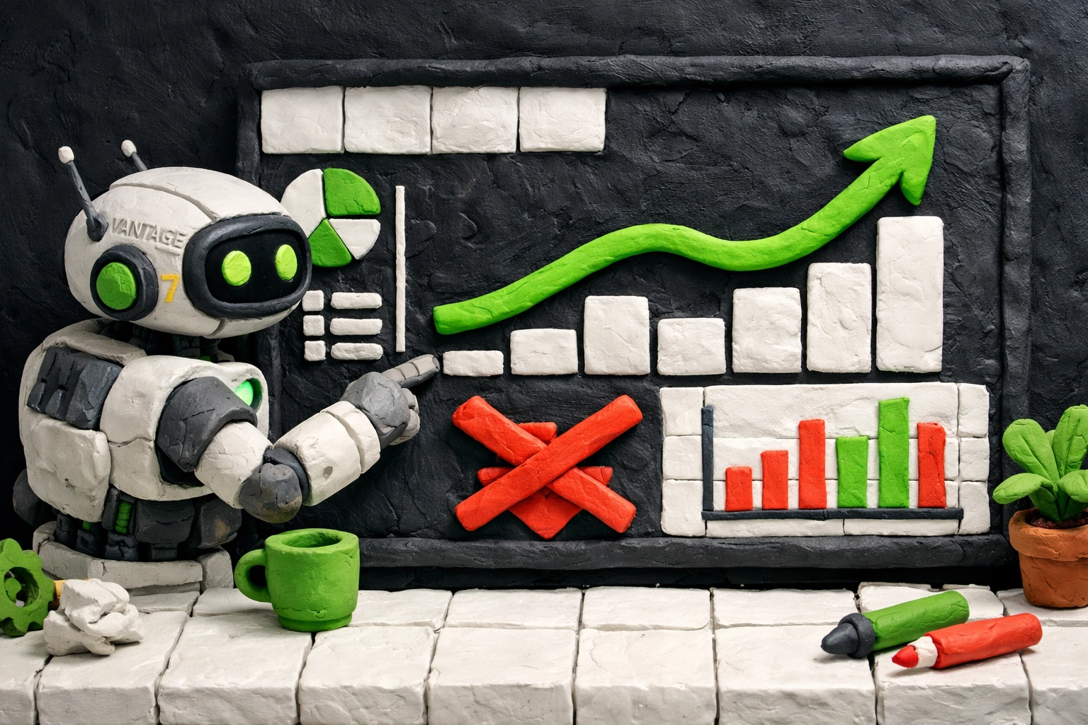 Tactile claymation: VANTAGE-7 robot analyzing a clay marketing dashboard with neon green ROI growth and bright red rejection markers (KINETK colors).