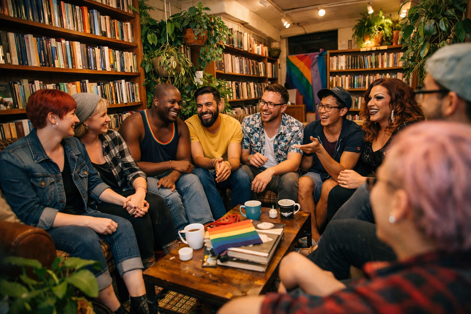 A diverse group of queer friends talking in a cozy bookstore corner, representing safe community spaces.