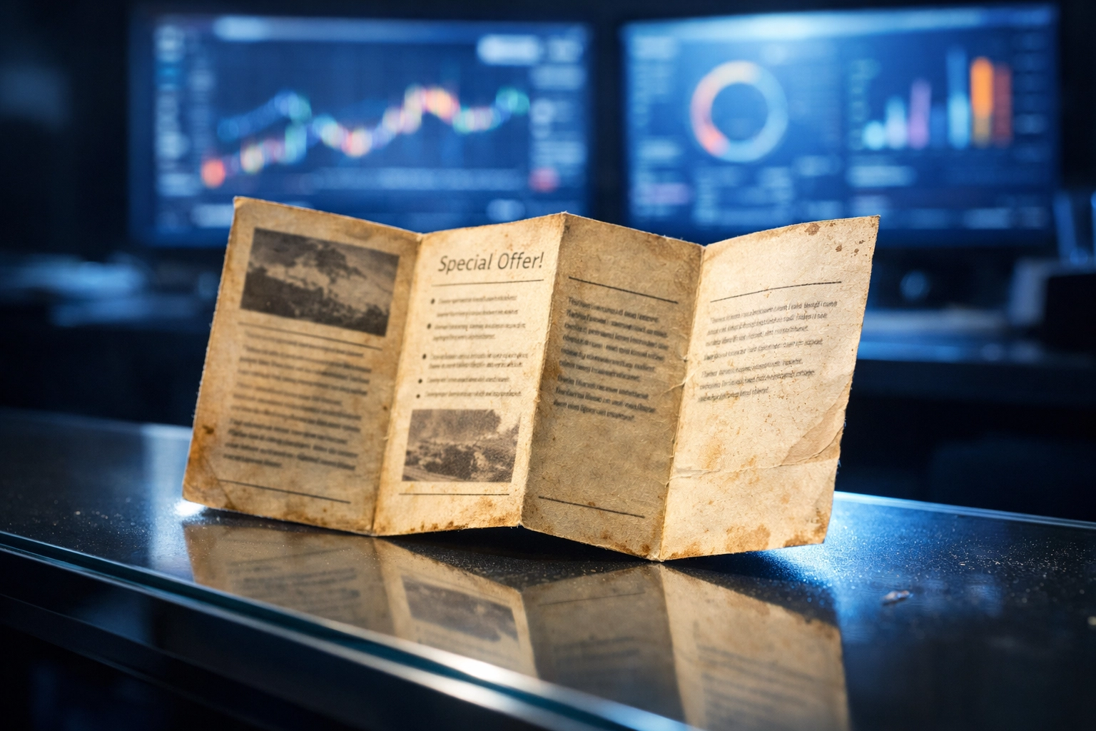 Old paper brochure on a desk contrasting with modern monitors to show outdated vs. modern web design.