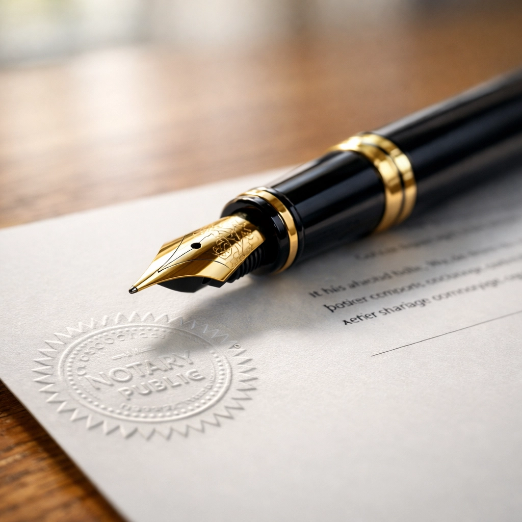 A professional fountain pen on a notarized power of attorney document with an embossed seal.