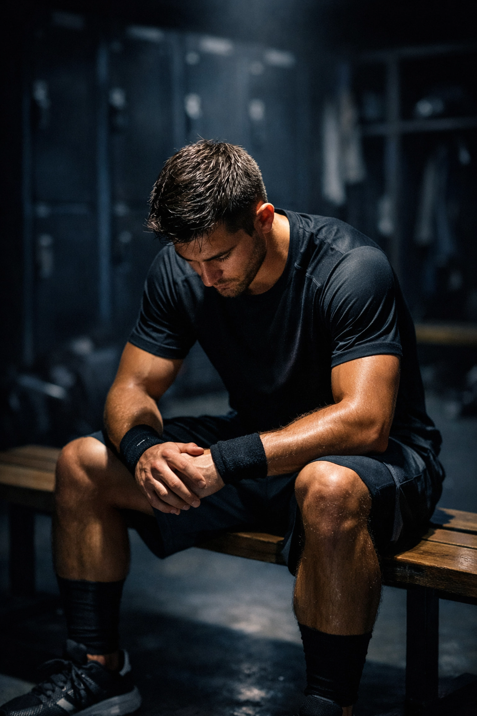 Young athlete mentally preparing in locker room before competition with focused determination