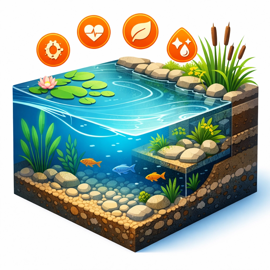 Cross-section of a healthy pond ecosystem with aquatic plants and natural water filtration layers.